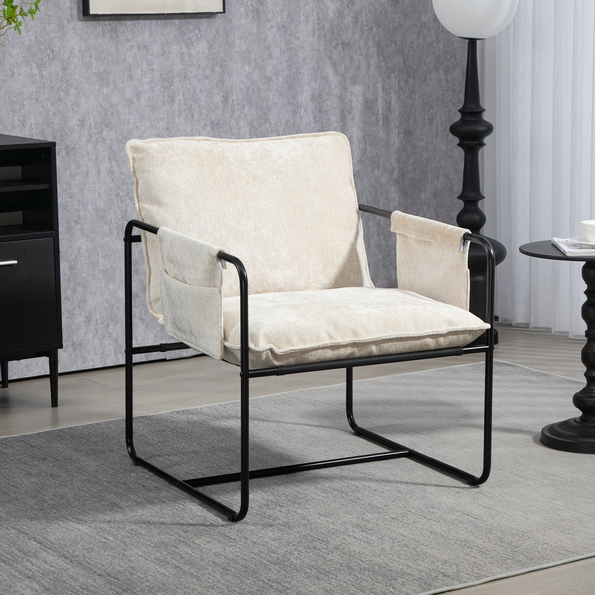 HOMCOM Modern Accent Chair, Upholstered Chenille Armchair with Side Pockets and Solid Steel Frame, Comfy Reading Chair for Bedroom, Living Room, Beige