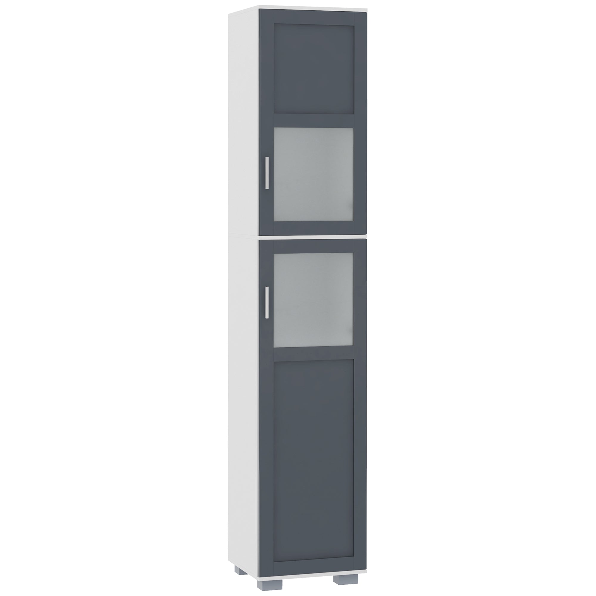 kleankin 75" Tall Bathroom Storage Cabinet, Narrow Bathroom Cabinet with 2 Cupboards, Matte Glass Doors and Adjustable Shelves, Freestanding Linen Tower, White & Grey