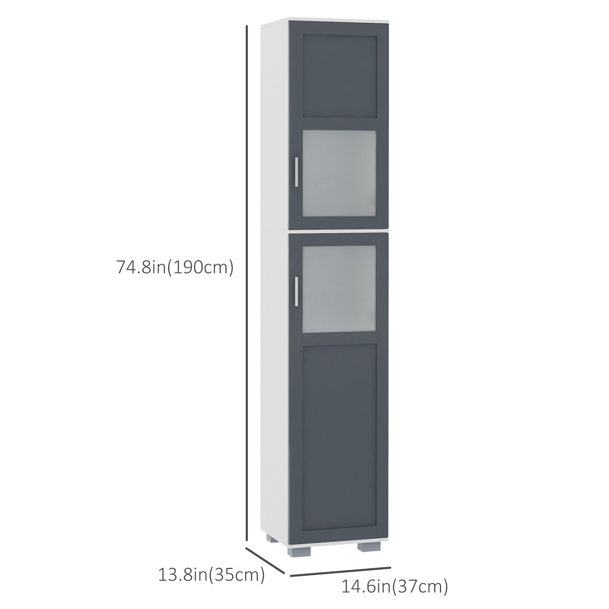 kleankin 75" Tall Bathroom Storage Cabinet, Narrow Bathroom Cabinet with 2 Cupboards, Matte Glass Doors and Adjustable Shelves, Freestanding Linen Tower, White & Grey