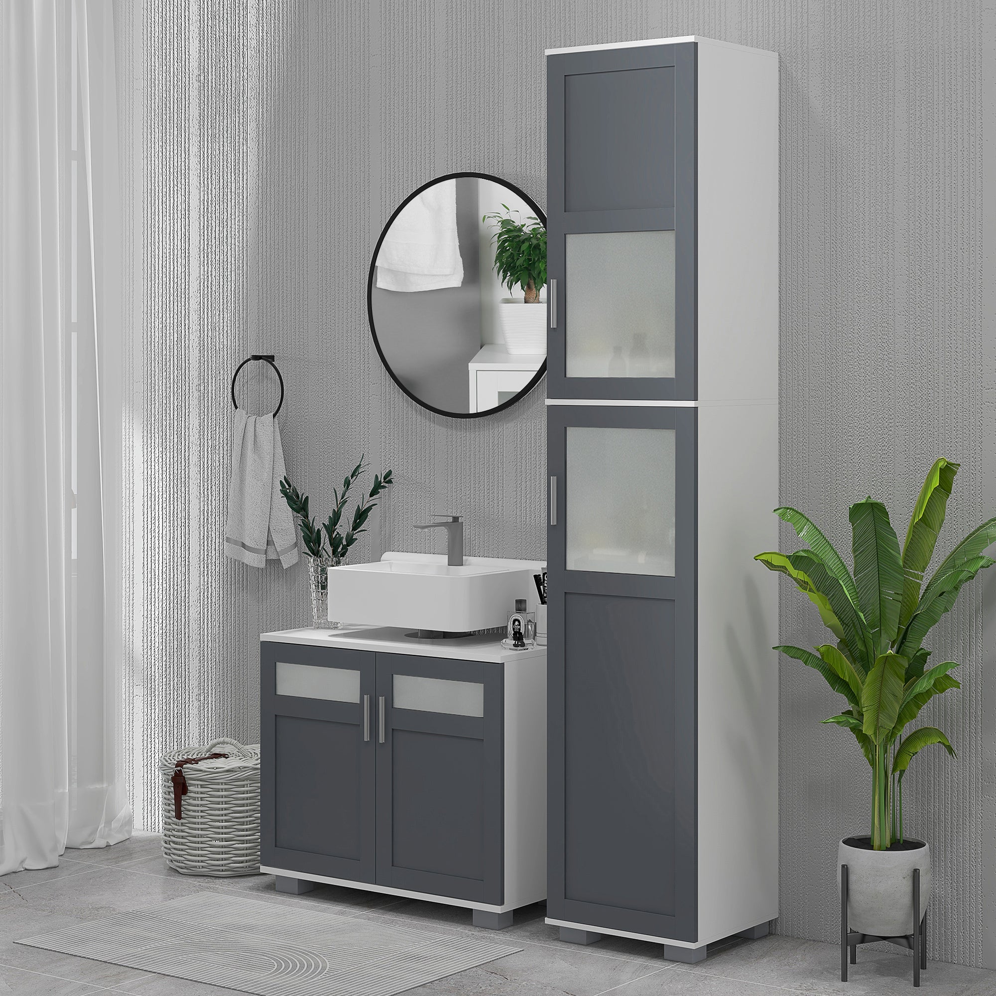 kleankin 75" Tall Bathroom Storage Cabinet, Narrow Bathroom Cabinet with 2 Cupboards, Matte Glass Doors and Adjustable Shelves, Freestanding Linen Tower, White & Grey