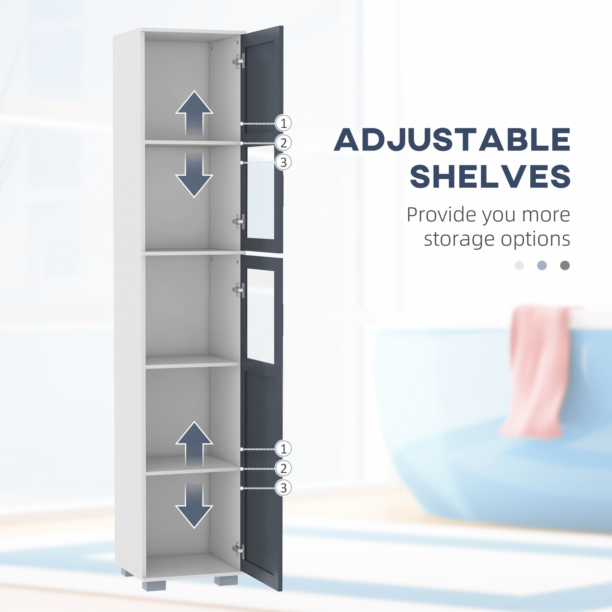 kleankin 75" Tall Bathroom Storage Cabinet, Narrow Bathroom Cabinet with 2 Cupboards, Matte Glass Doors and Adjustable Shelves, Freestanding Linen Tower, White & Grey