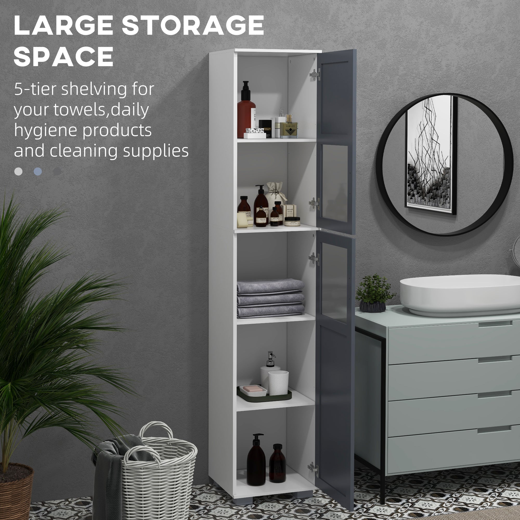 kleankin 75" Tall Bathroom Storage Cabinet, Narrow Bathroom Cabinet with 2 Cupboards, Matte Glass Doors and Adjustable Shelves, Freestanding Linen Tower, White & Grey