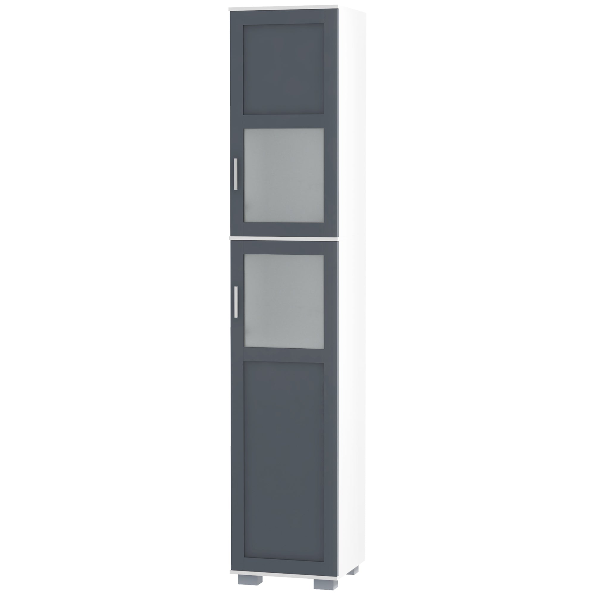 kleankin 75" Tall Bathroom Storage Cabinet, Narrow Bathroom Cabinet with 2 Cupboards, Matte Glass Doors and Adjustable Shelves, Freestanding Linen Tower, White & Grey