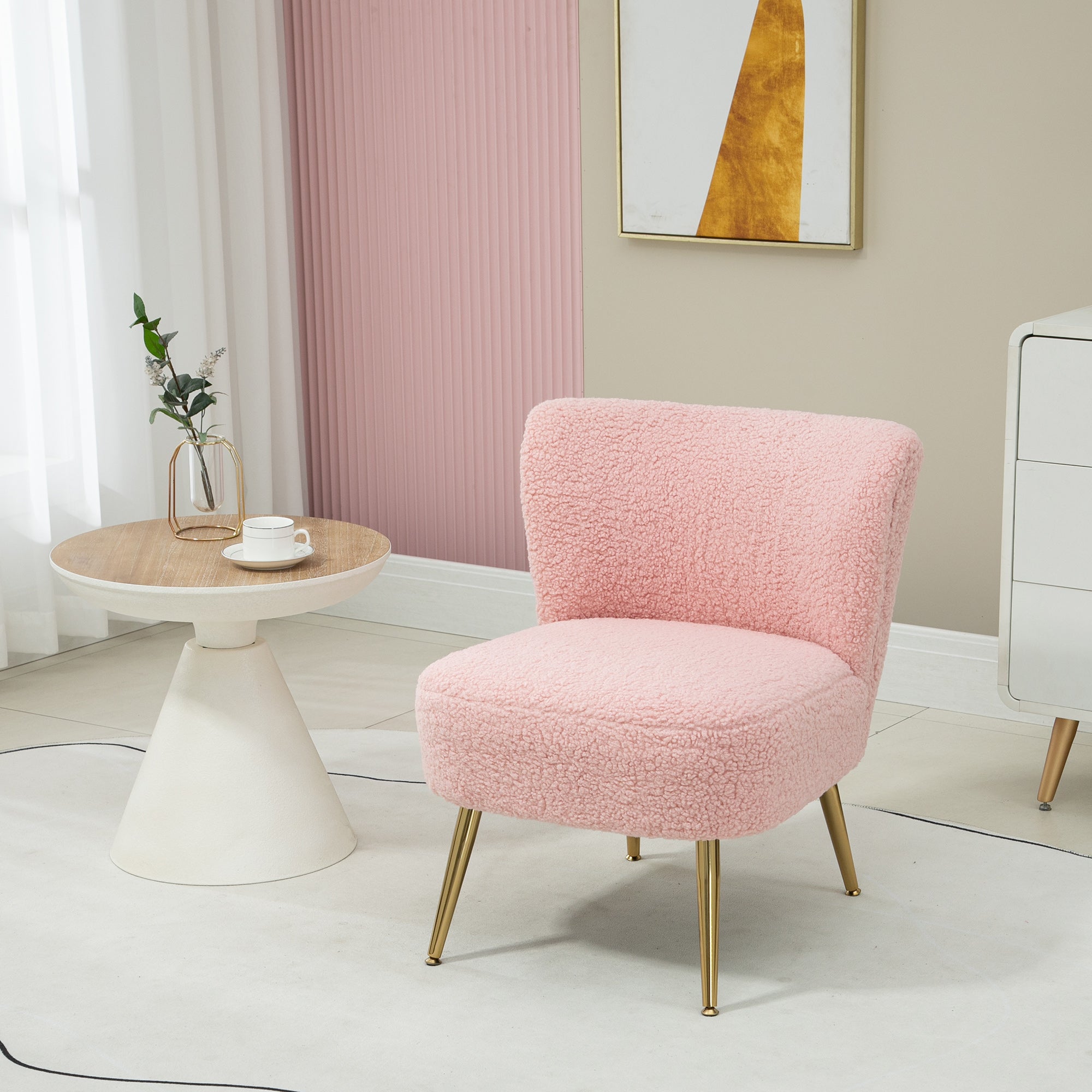 HOMCOM Armless Accent Chair for Bedroom, Upholstered Side Chairs for Living Room with Gold Steel Legs, Slipper Chair, Pink