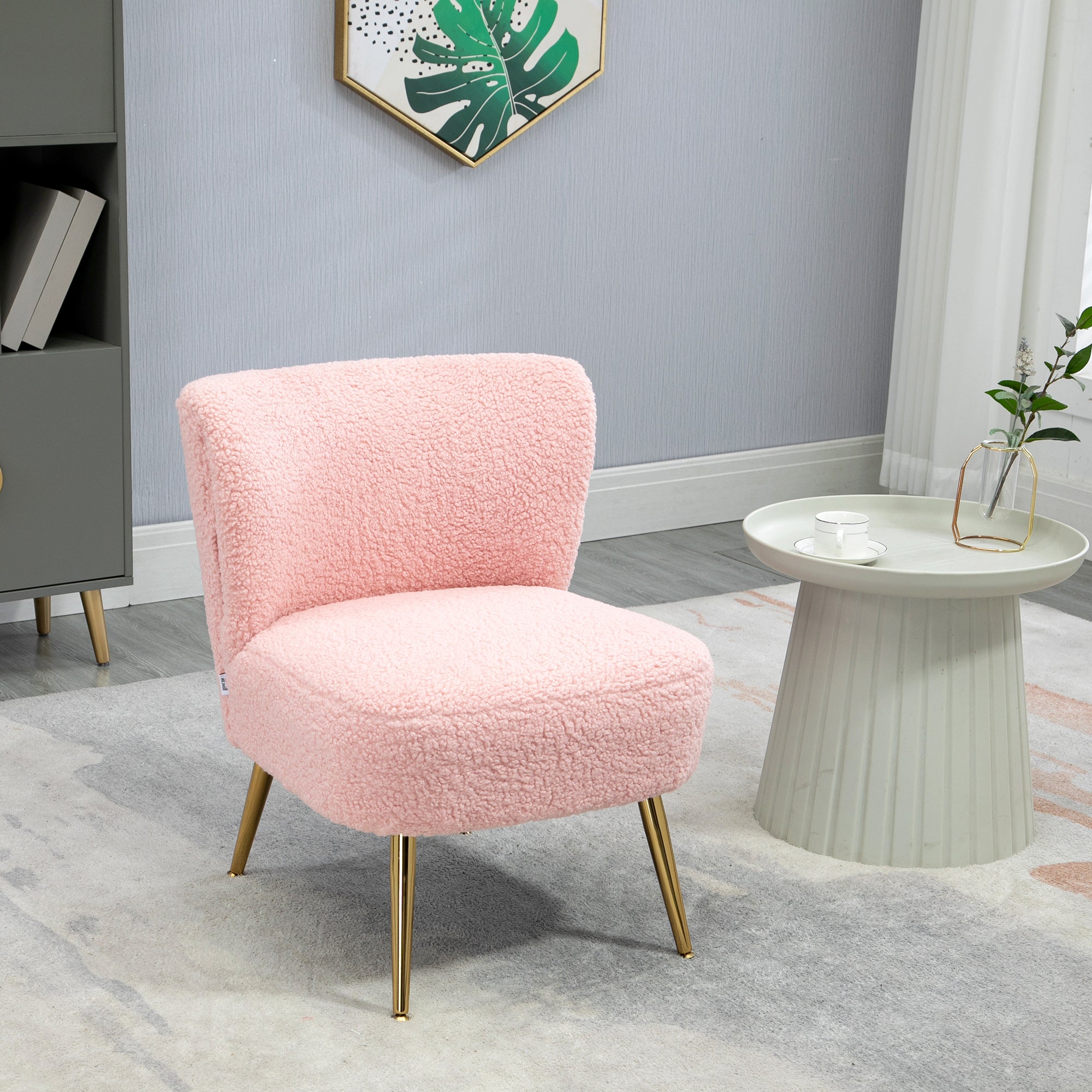 HOMCOM Armless Accent Chair for Bedroom, Upholstered Side Chairs for Living Room with Gold Steel Legs, Slipper Chair, Pink