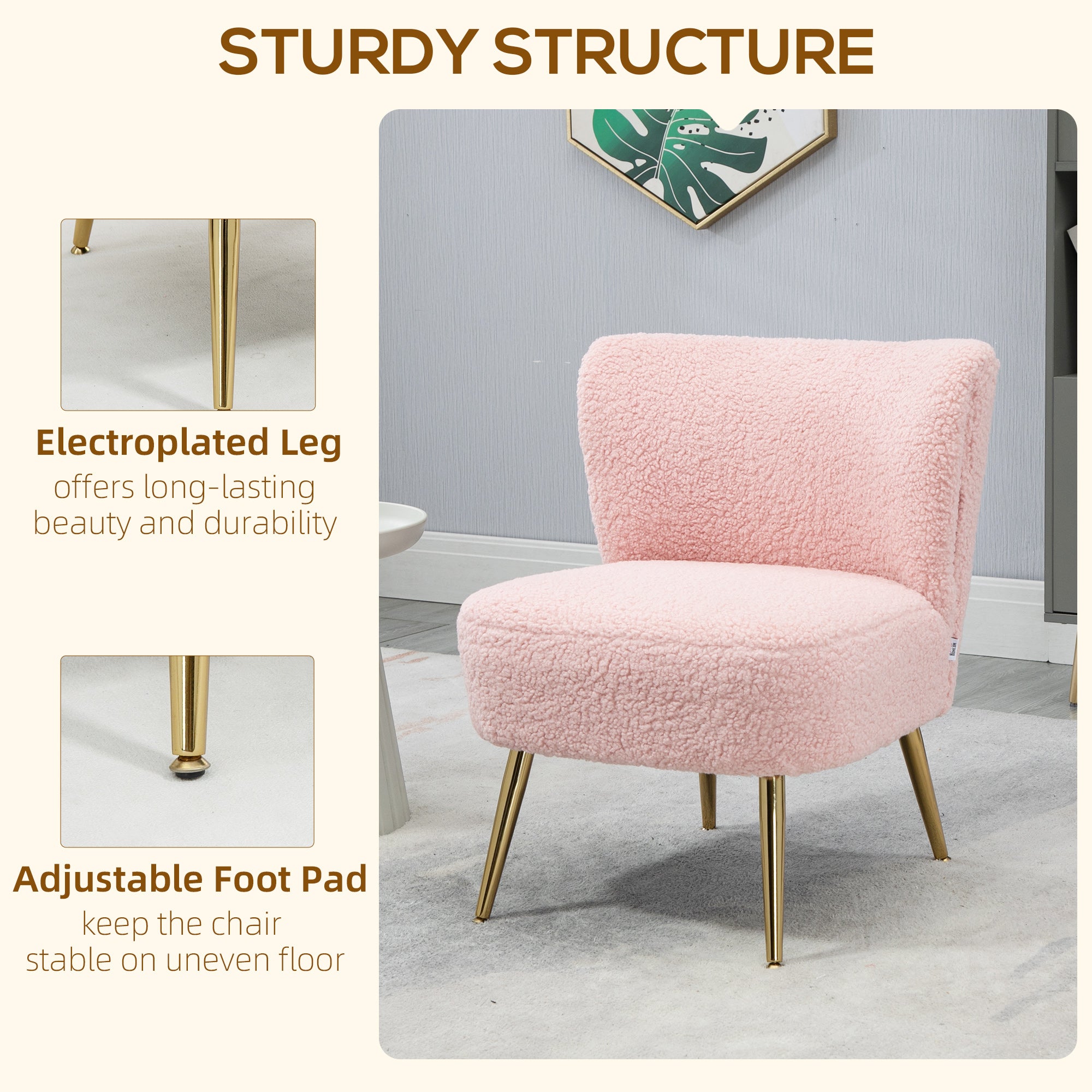 HOMCOM Armless Accent Chair for Bedroom, Upholstered Side Chairs for Living Room with Gold Steel Legs, Slipper Chair, Pink