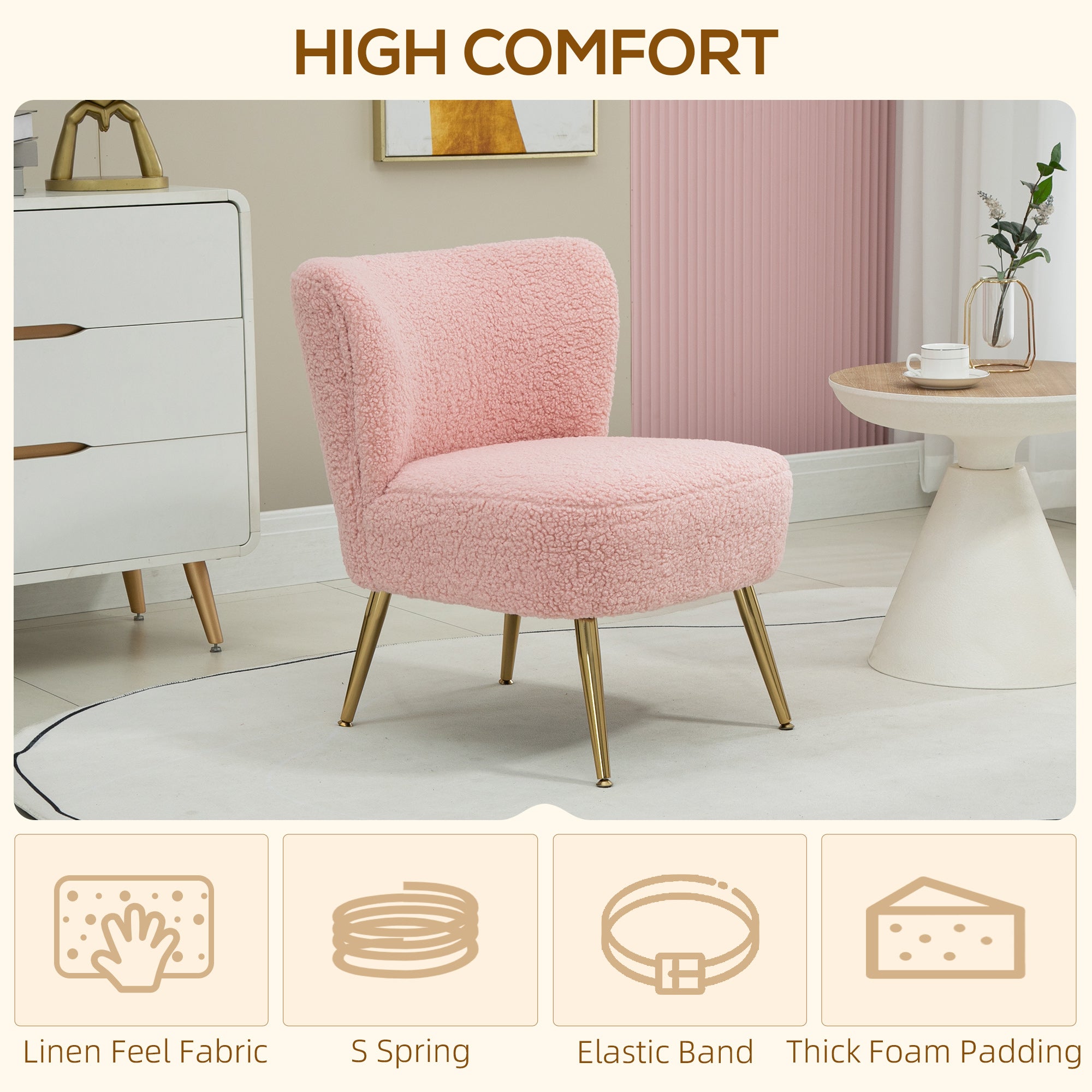 HOMCOM Armless Accent Chair for Bedroom, Upholstered Side Chairs for Living Room with Gold Steel Legs, Slipper Chair, Pink