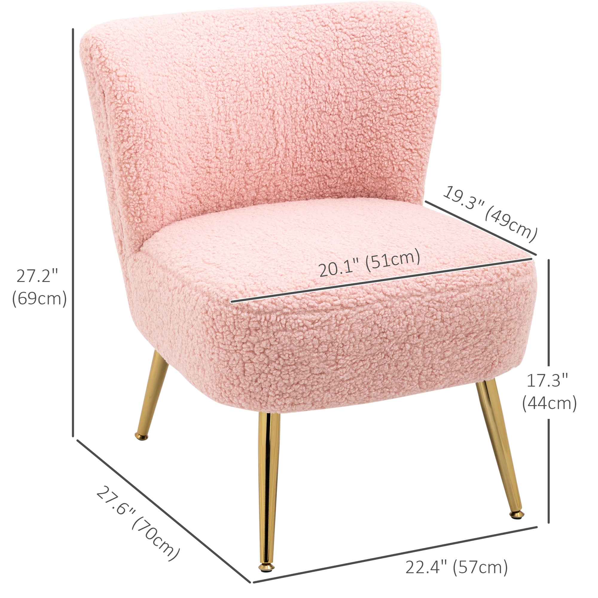 HOMCOM Armless Accent Chair for Bedroom, Upholstered Side Chairs for Living Room with Gold Steel Legs, Slipper Chair, Pink