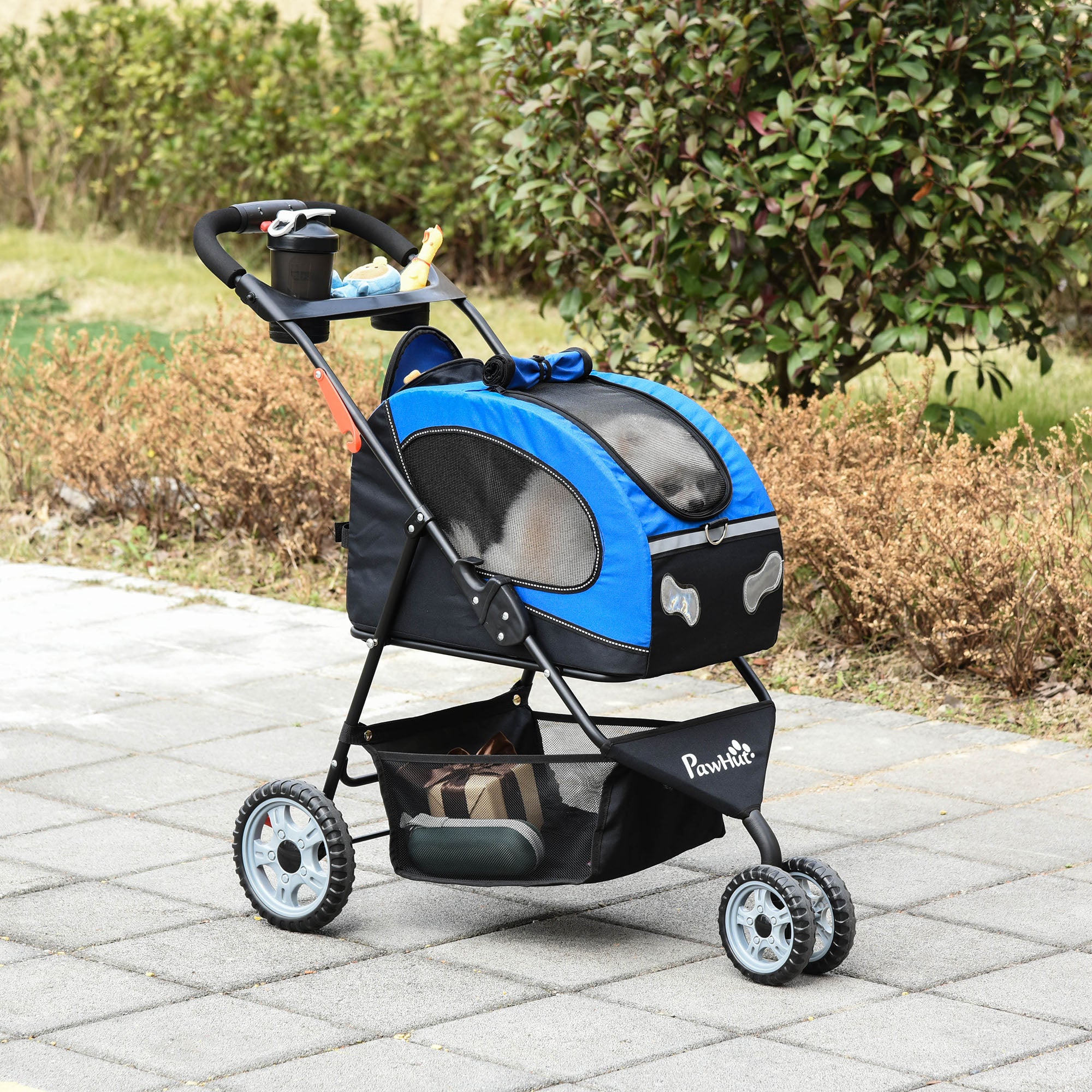 PawHut Pet Stroller Foldable Dog Cat Travel Carriage 5 In 1 Design Carrying Shoulder Bag Backpack Stroller Luggage with Universal Wheel Canopy Basket Cup Holder Blue
