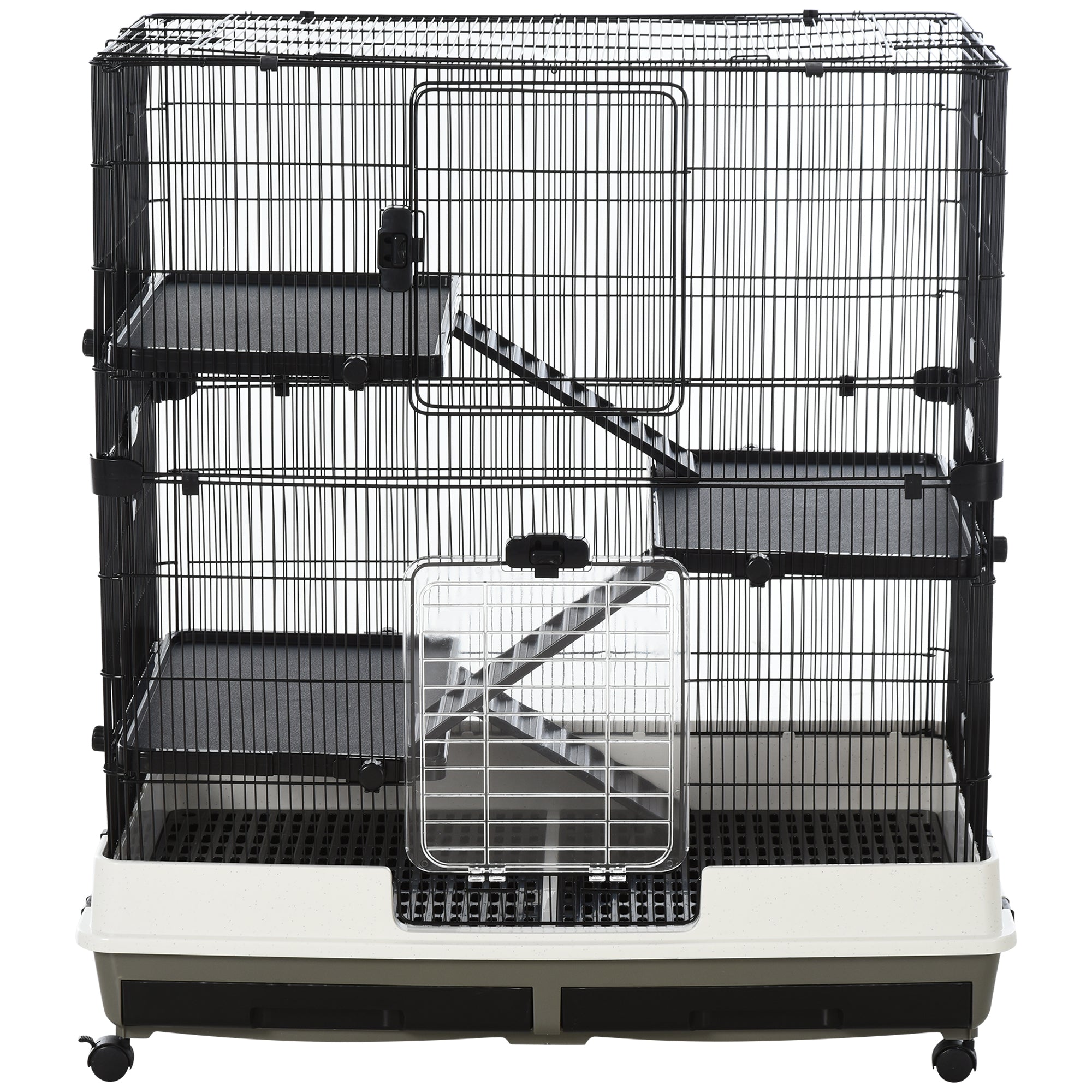 PawHut 43" Small Animal Cage with Wheels, 4-Level Portable Bunny Cage, Chinchilla Ferret Cage with Removable Tray, Platform and Ramp