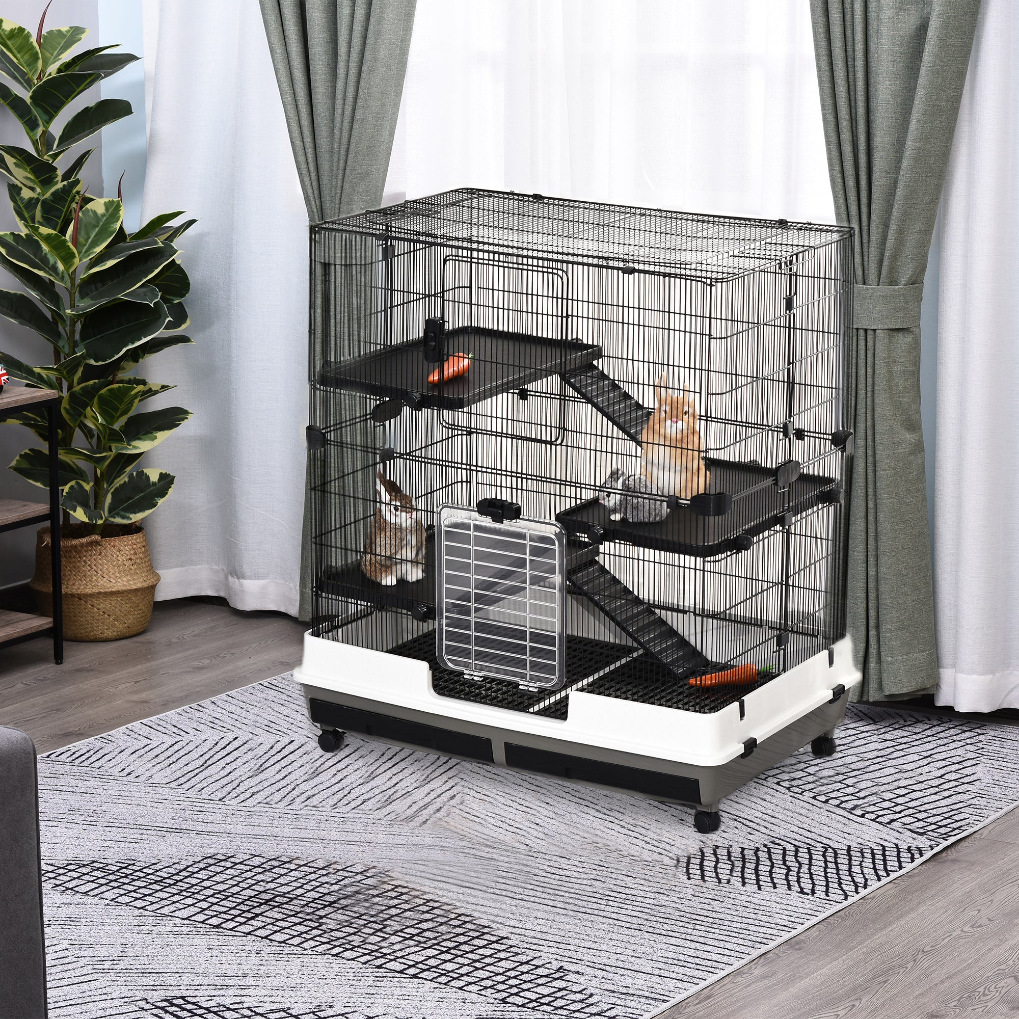 PawHut 43" Small Animal Cage with Wheels, 4-Level Portable Bunny Cage, Chinchilla Ferret Cage with Removable Tray, Platform and Ramp