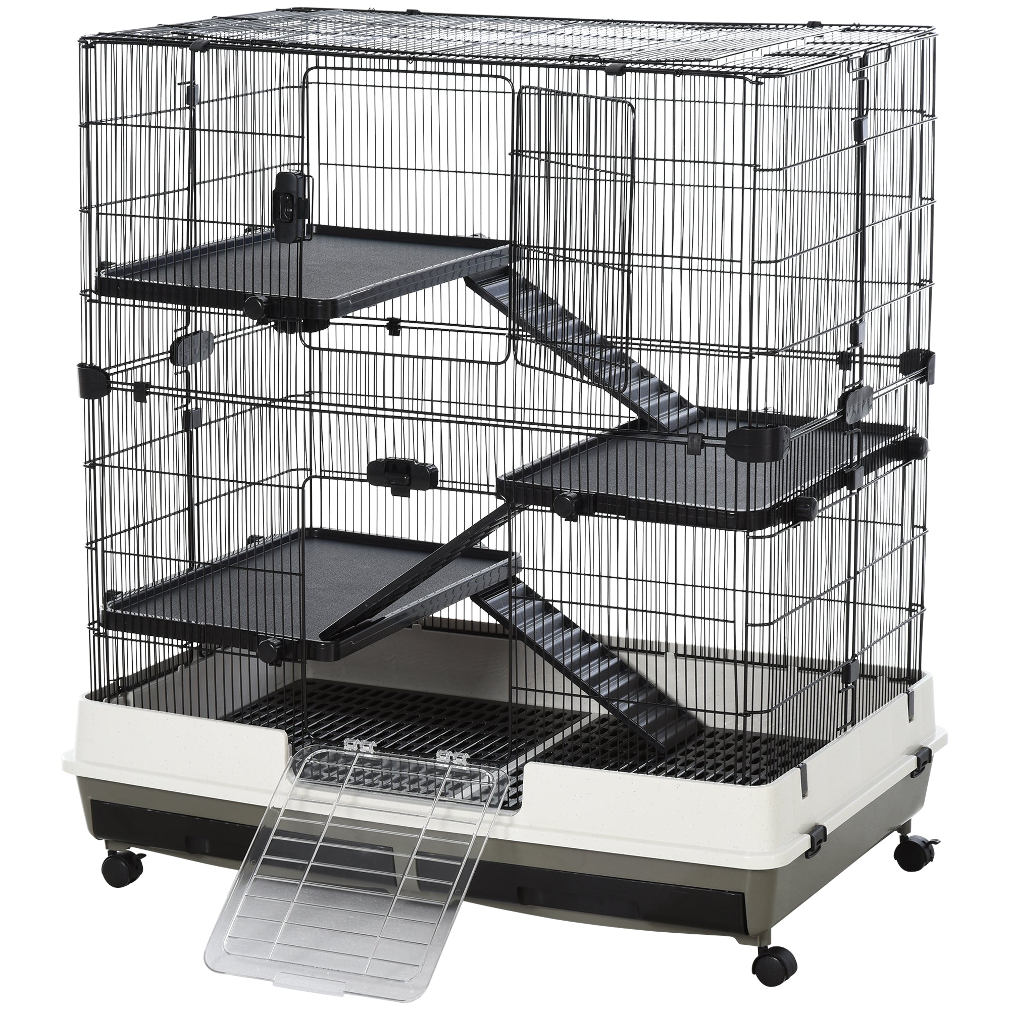 PawHut 43" Small Animal Cage with Wheels, 4-Level Portable Bunny Cage, Chinchilla Ferret Cage with Removable Tray, Platform and Ramp