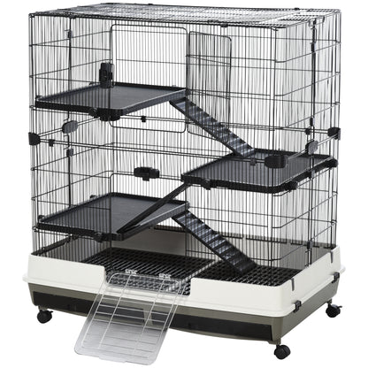 PawHut 43" Small Animal Cage with Wheels, 4-Level Portable Bunny Cage, Chinchilla Ferret Cage with Removable Tray, Platform and Ramp