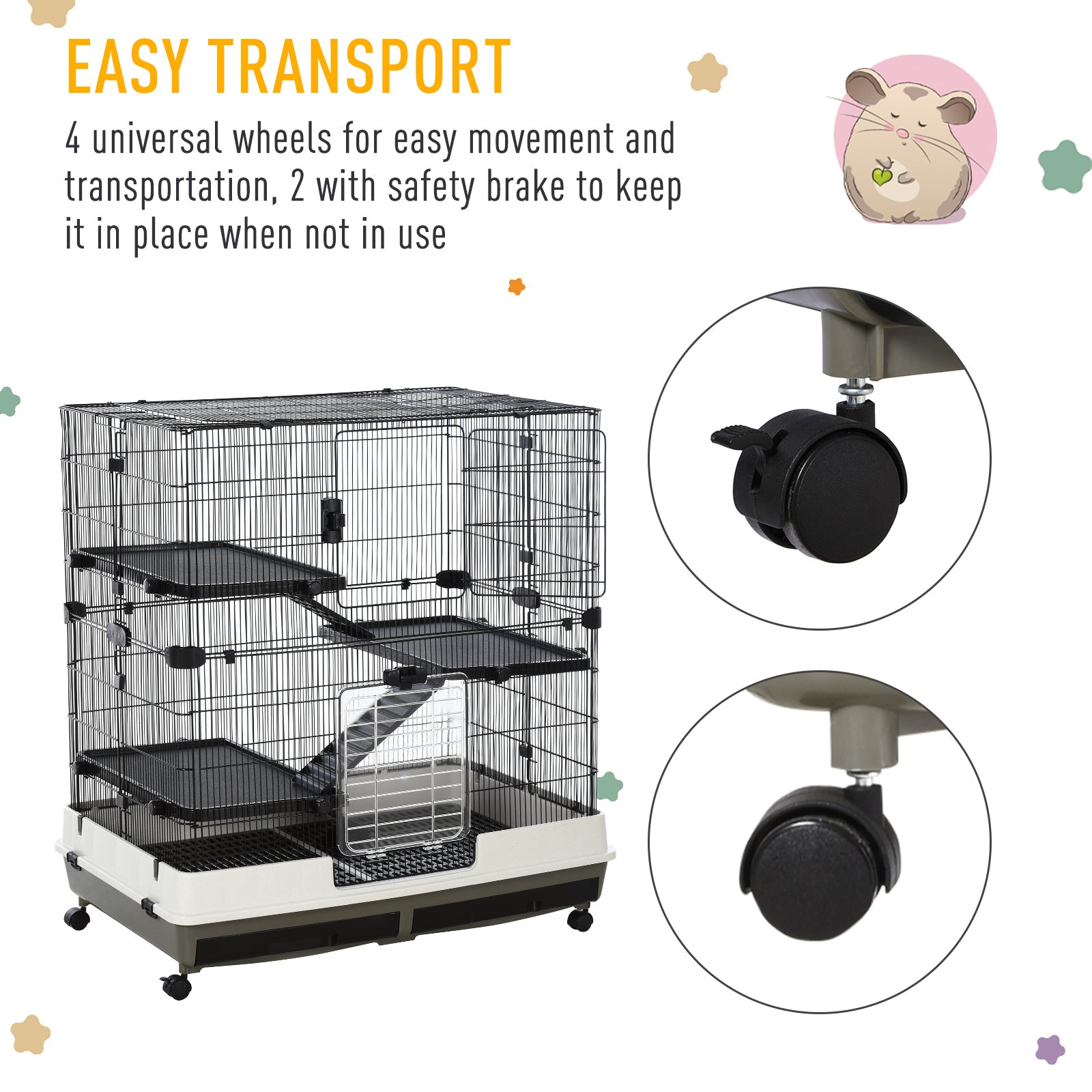 PawHut 43" Small Animal Cage with Wheels, 4-Level Portable Bunny Cage, Chinchilla Ferret Cage with Removable Tray, Platform and Ramp