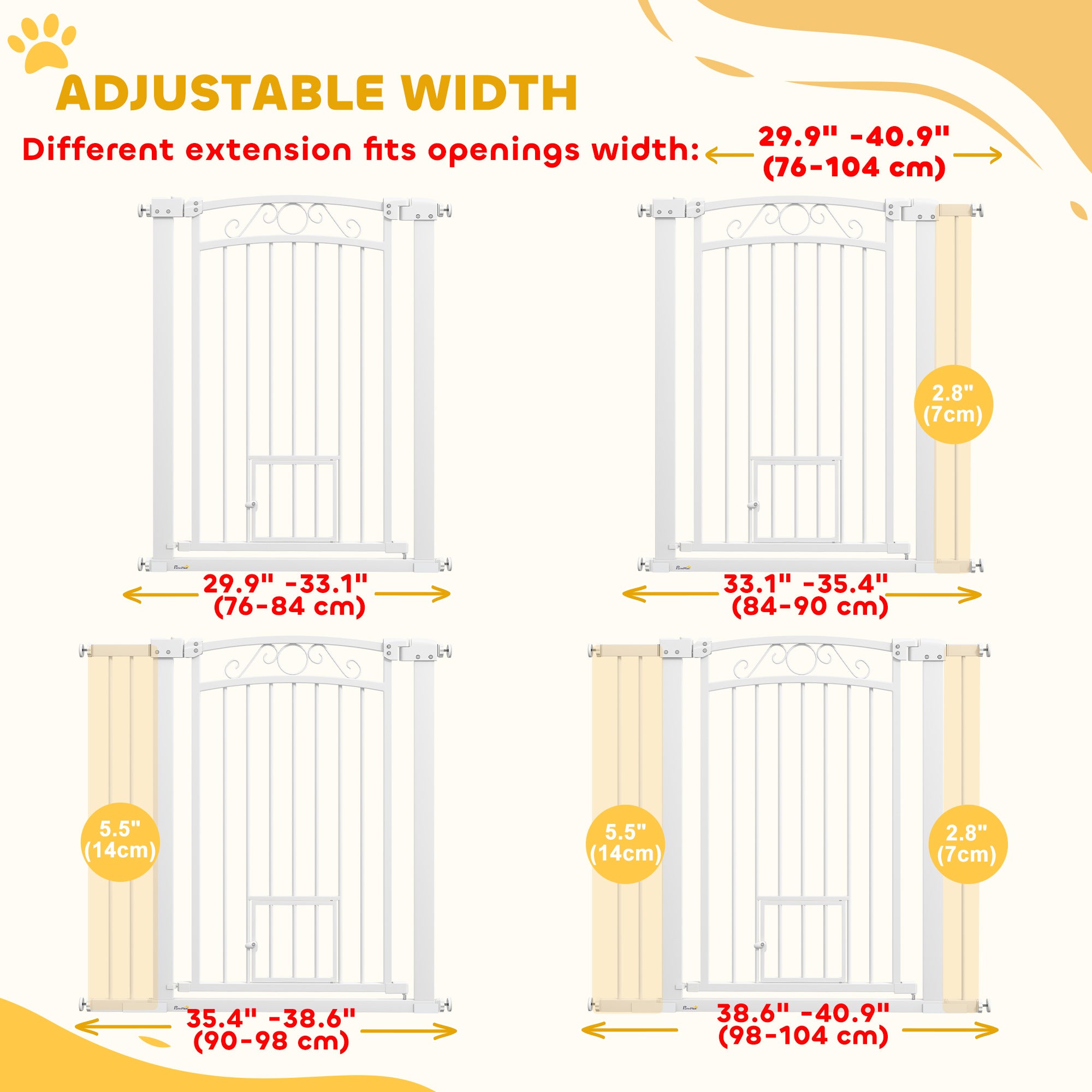 PawHut Dog Gate, Walk Through Pet Gate with Small Pet Door, Auto Close, for Doorways, House, Stair, 2 Extension Kits, Pressure Mount Kit, 30"-41" W x 38" H