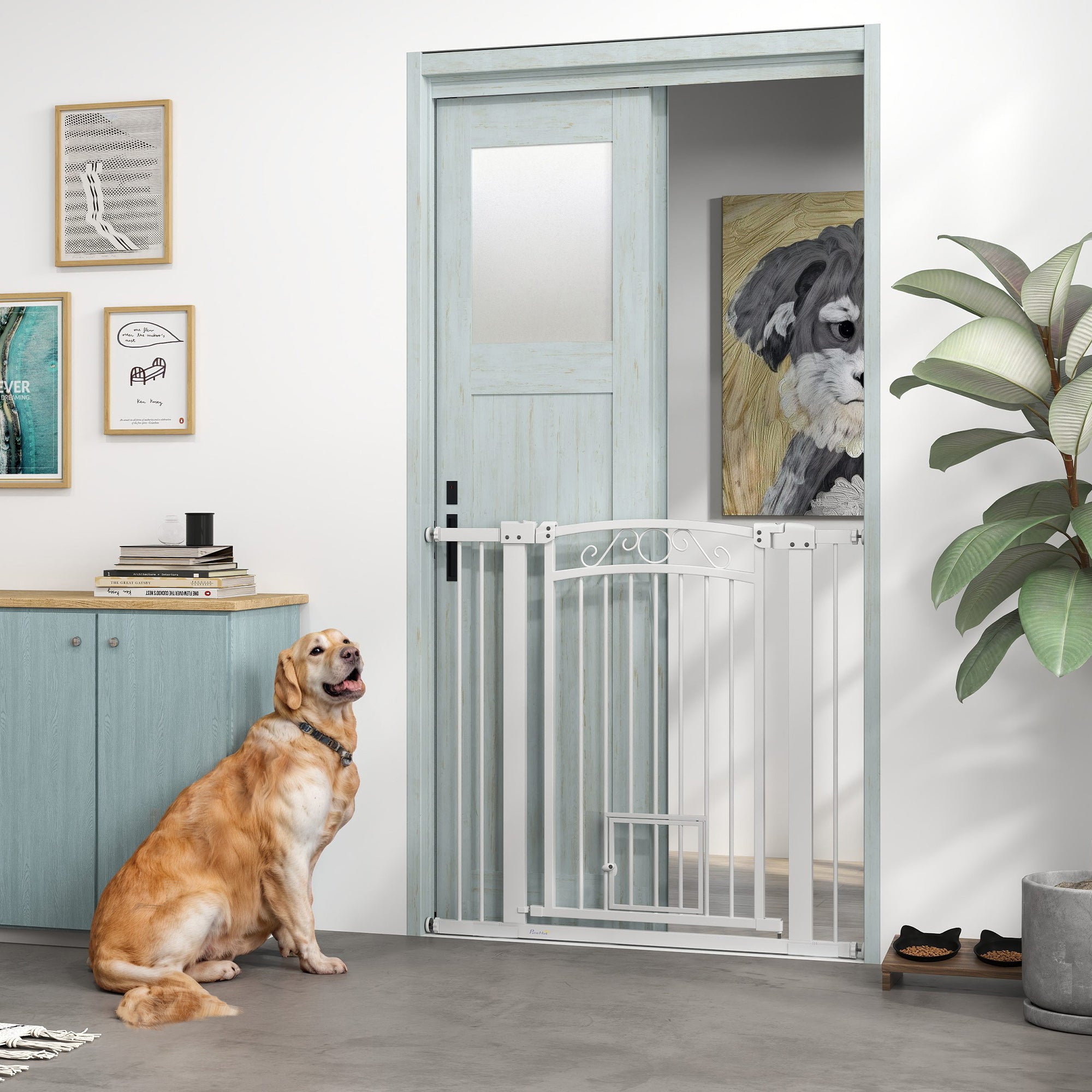 PawHut Dog Gate, Walk Through Pet Gate with Small Pet Door, Auto Close, for Doorways, House, Stair, 2 Extension Kits, Pressure Mount Kit, 30"-41" W x 38" H