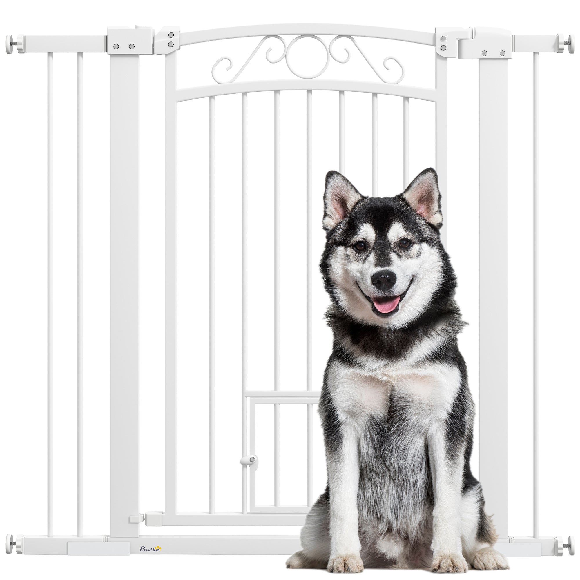 PawHut Dog Gate, Walk Through Pet Gate with Small Pet Door, Auto Close, for Doorways, House, Stair, 2 Extension Kits, Pressure Mount Kit, 30"-41" W x 38" H