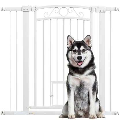 PawHut Dog Gate, Walk Through Pet Gate with Small Pet Door, Auto Close, for Doorways, House, Stair, 2 Extension Kits, Pressure Mount Kit, 30"-41" W x 38" H