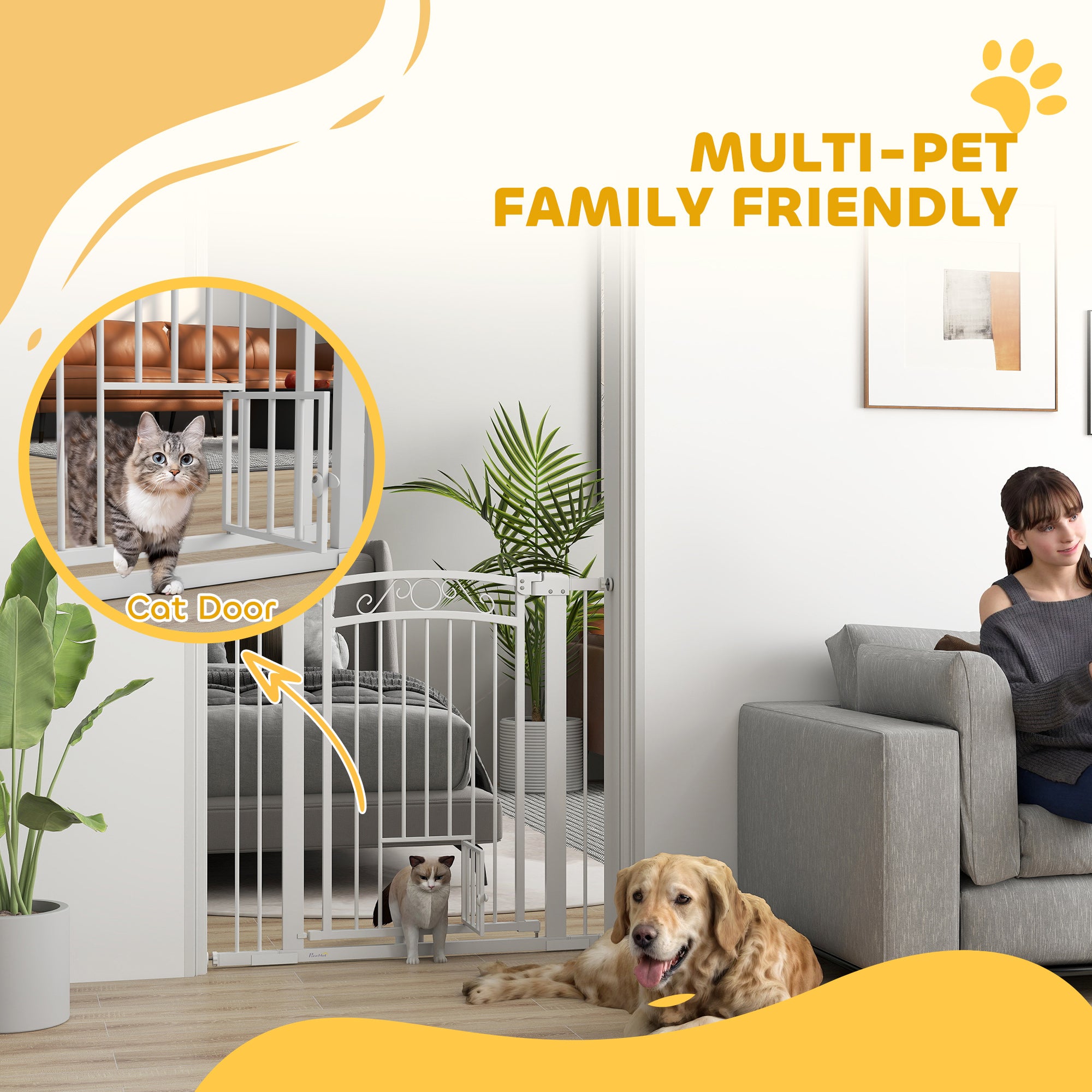 PawHut Dog Gate, Walk Through Pet Gate with Small Pet Door, Auto Close, for Doorways, House, Stair, 2 Extension Kits, Pressure Mount Kit, 30"-41" W x 38" H