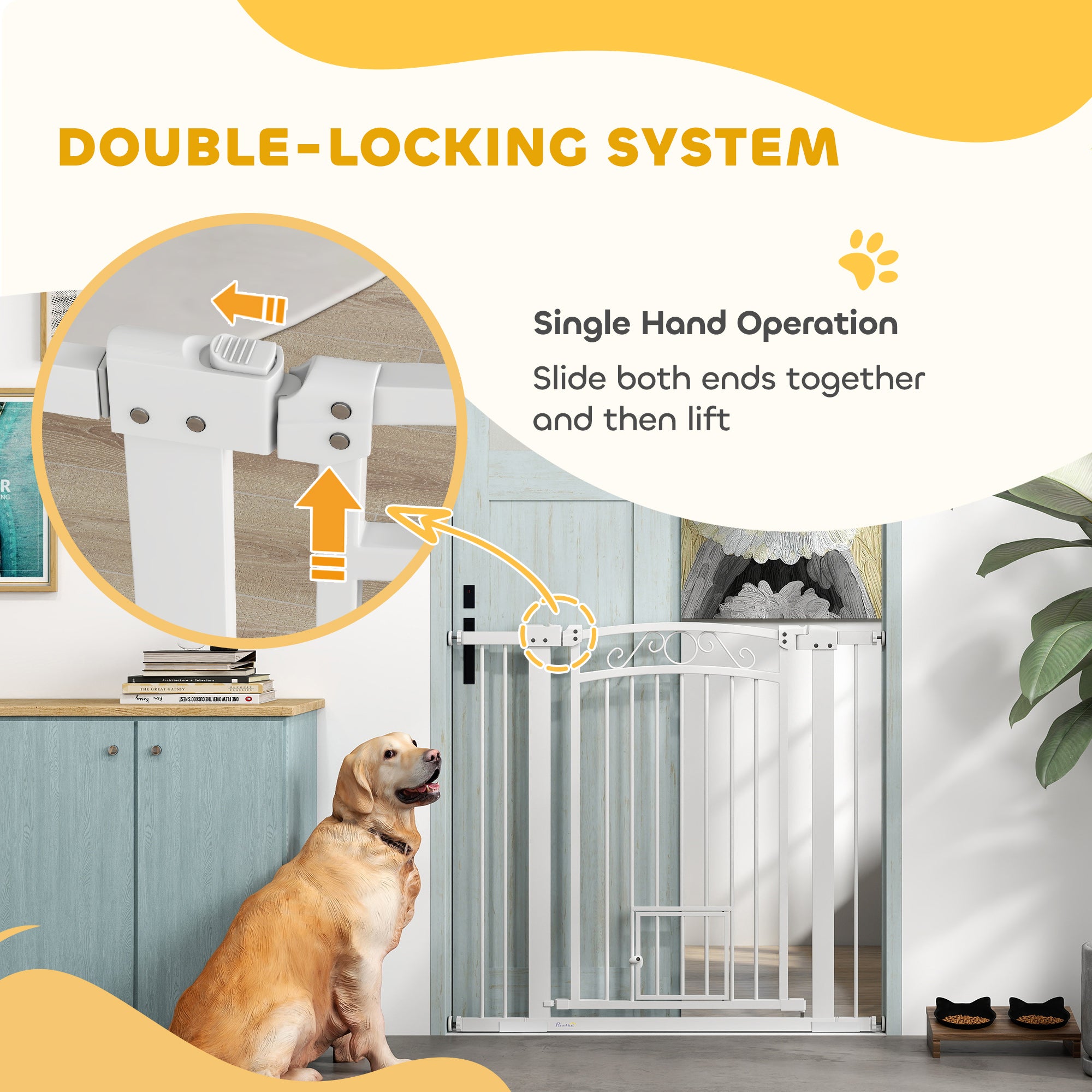 PawHut Dog Gate, Walk Through Pet Gate with Small Pet Door, Auto Close, for Doorways, House, Stair, 2 Extension Kits, Pressure Mount Kit, 30"-41" W x 38" H