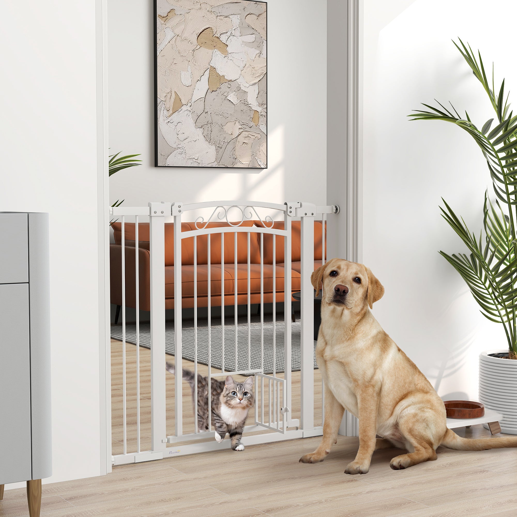 PawHut Dog Gate, Walk Through Pet Gate with Small Pet Door, Auto Close, for Doorways, House, Stair, 2 Extension Kits, Pressure Mount Kit, 30"-41" W x 38" H