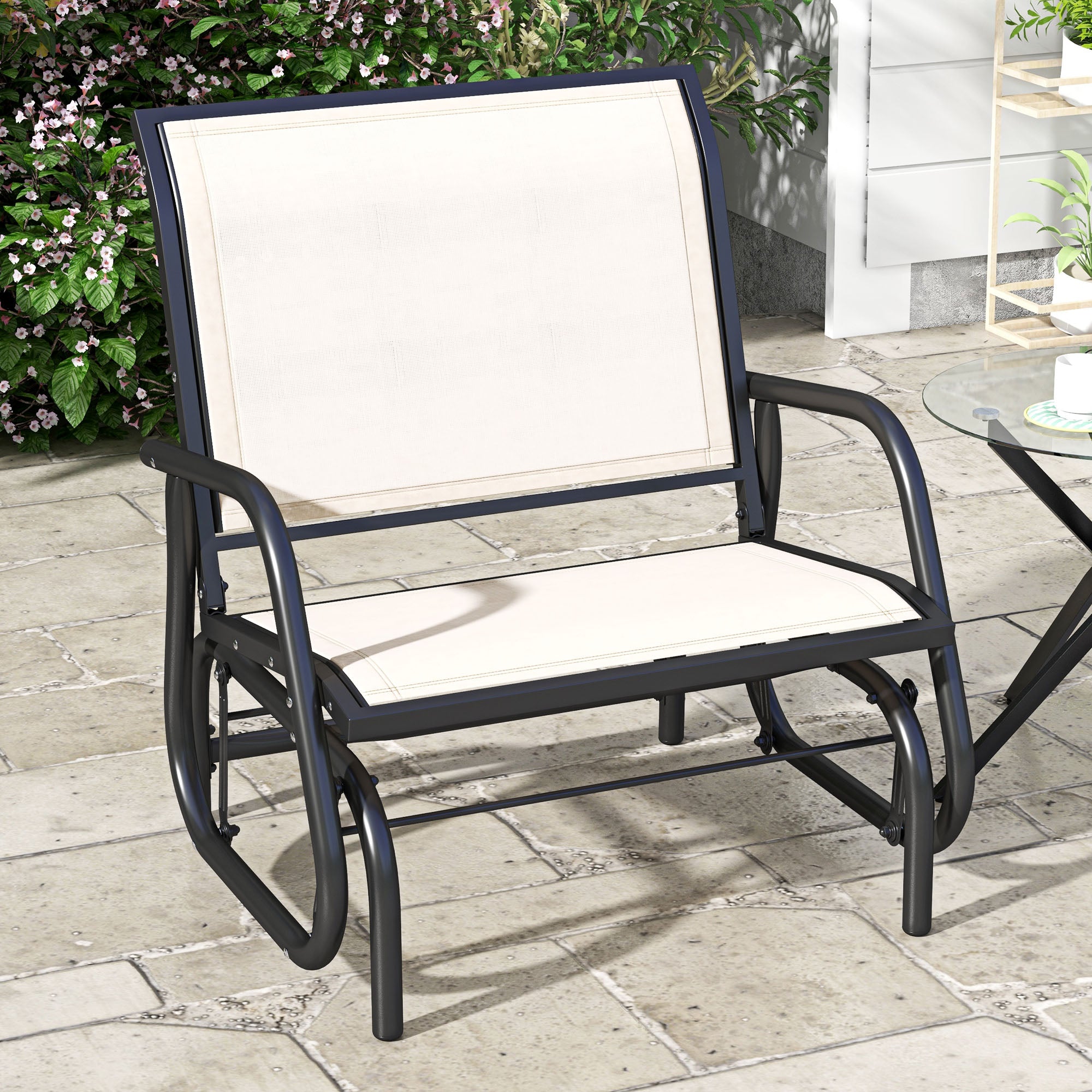 Outsunny Patio Glider with Breathable Mesh Fabric Seat & Backrest, Metal Frame Outdoor Glider Swing Chair with Curved Armrests, for Lawn, Garden, Porch, Backyard, Poolside, Cream