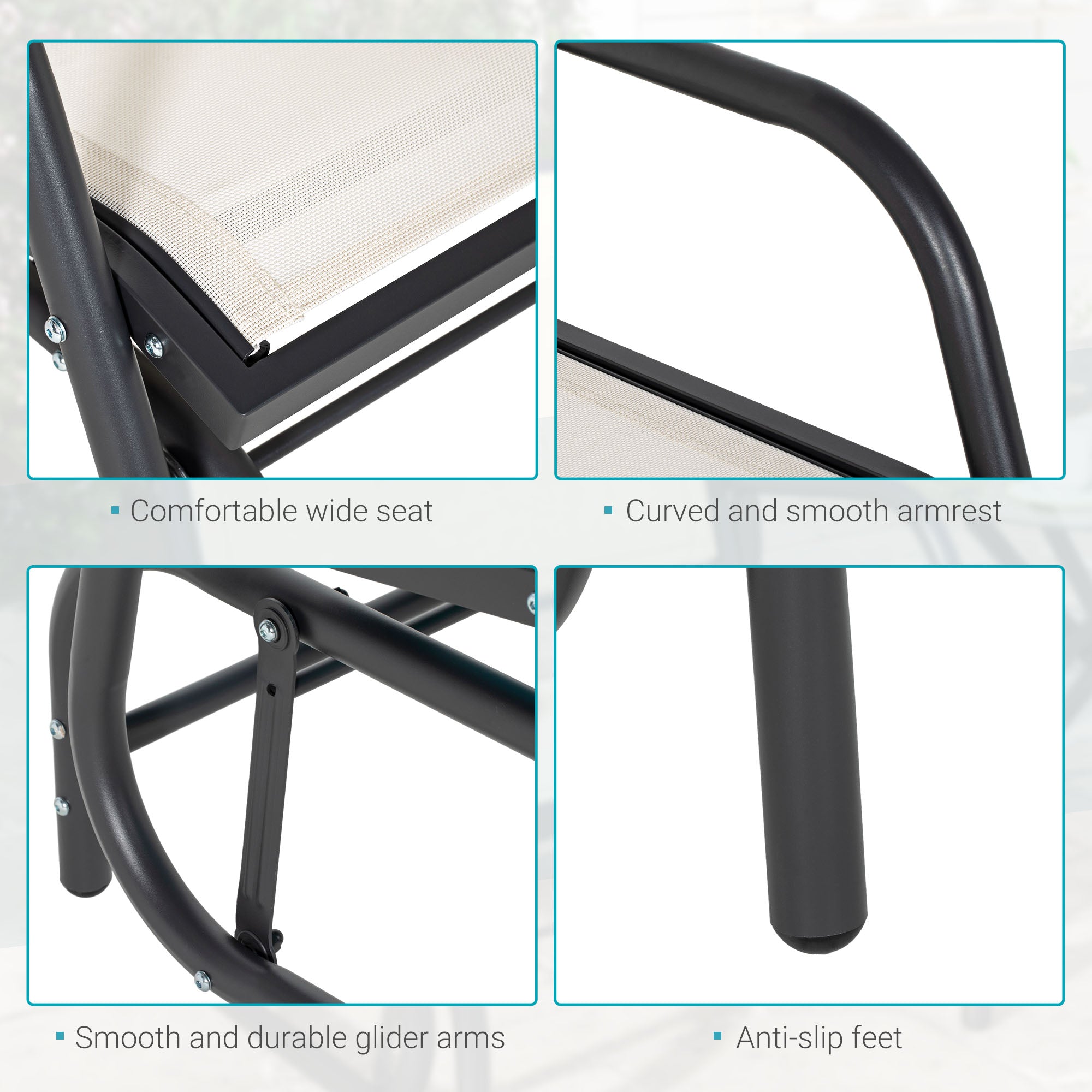 Outsunny Patio Glider with Breathable Mesh Fabric Seat & Backrest, Metal Frame Outdoor Glider Swing Chair with Curved Armrests, for Lawn, Garden, Porch, Backyard, Poolside, Cream