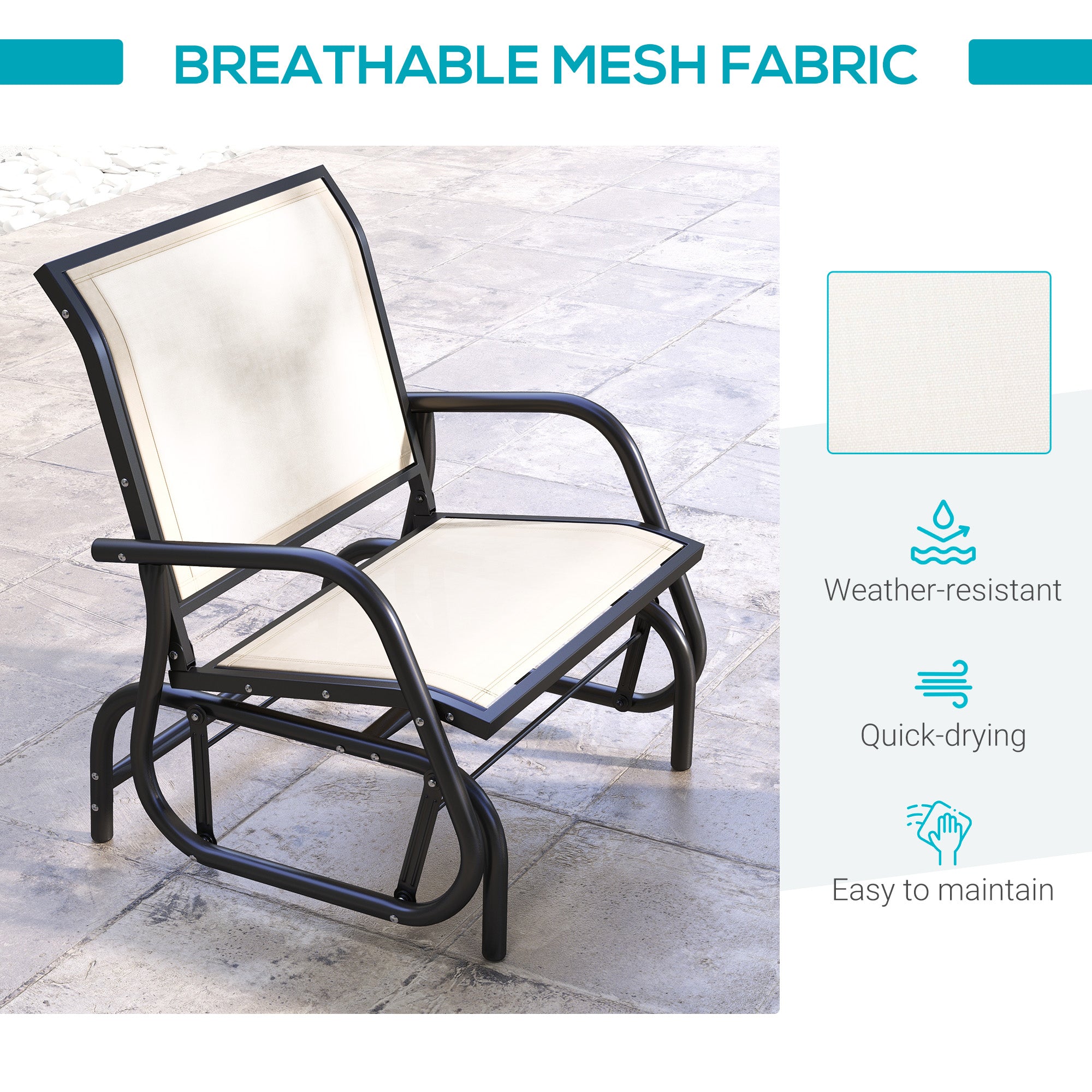 Outsunny Patio Glider with Breathable Mesh Fabric Seat & Backrest, Metal Frame Outdoor Glider Swing Chair with Curved Armrests, for Lawn, Garden, Porch, Backyard, Poolside, Cream