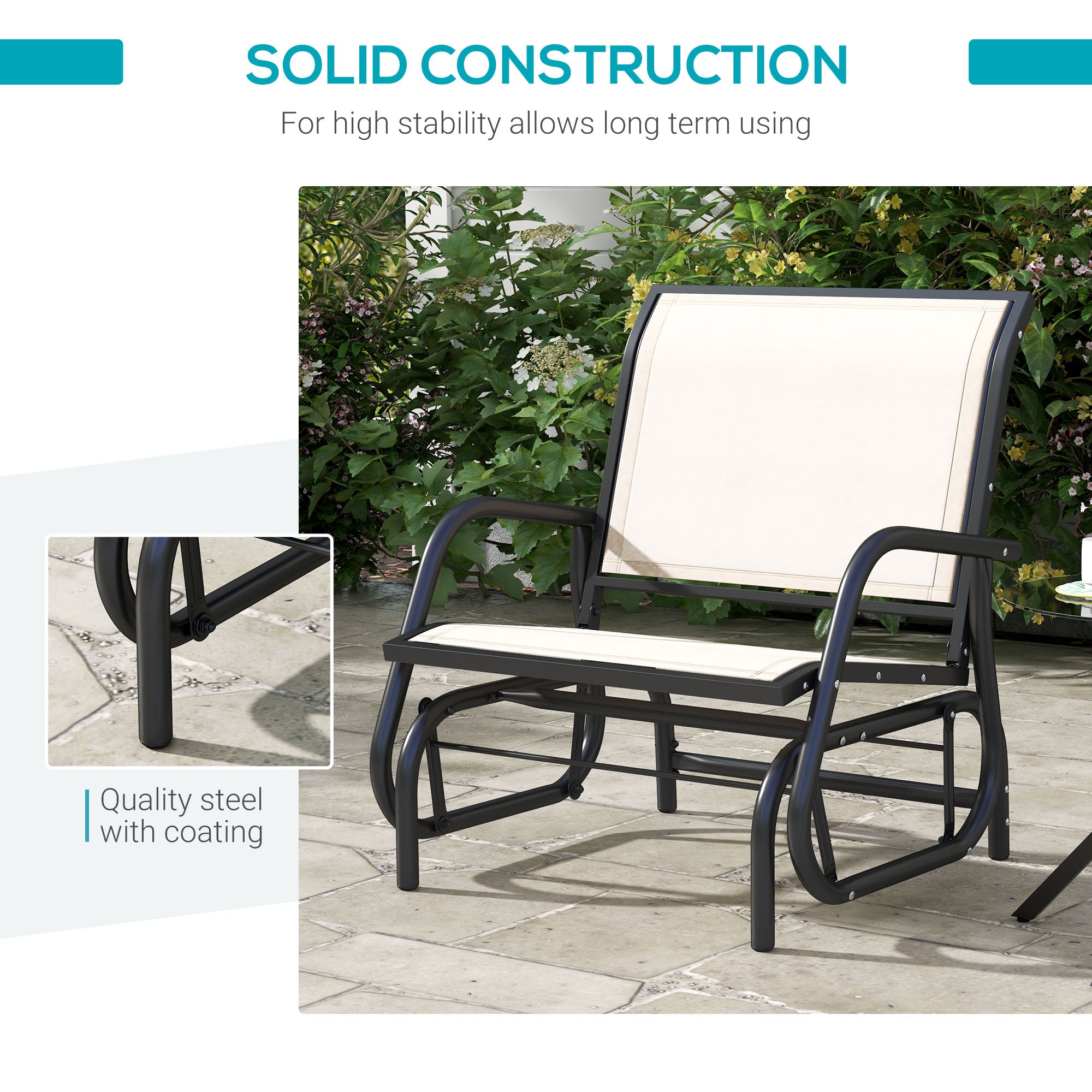 Outsunny Patio Glider with Breathable Mesh Fabric Seat & Backrest, Metal Frame Outdoor Glider Swing Chair with Curved Armrests, for Lawn, Garden, Porch, Backyard, Poolside, Cream