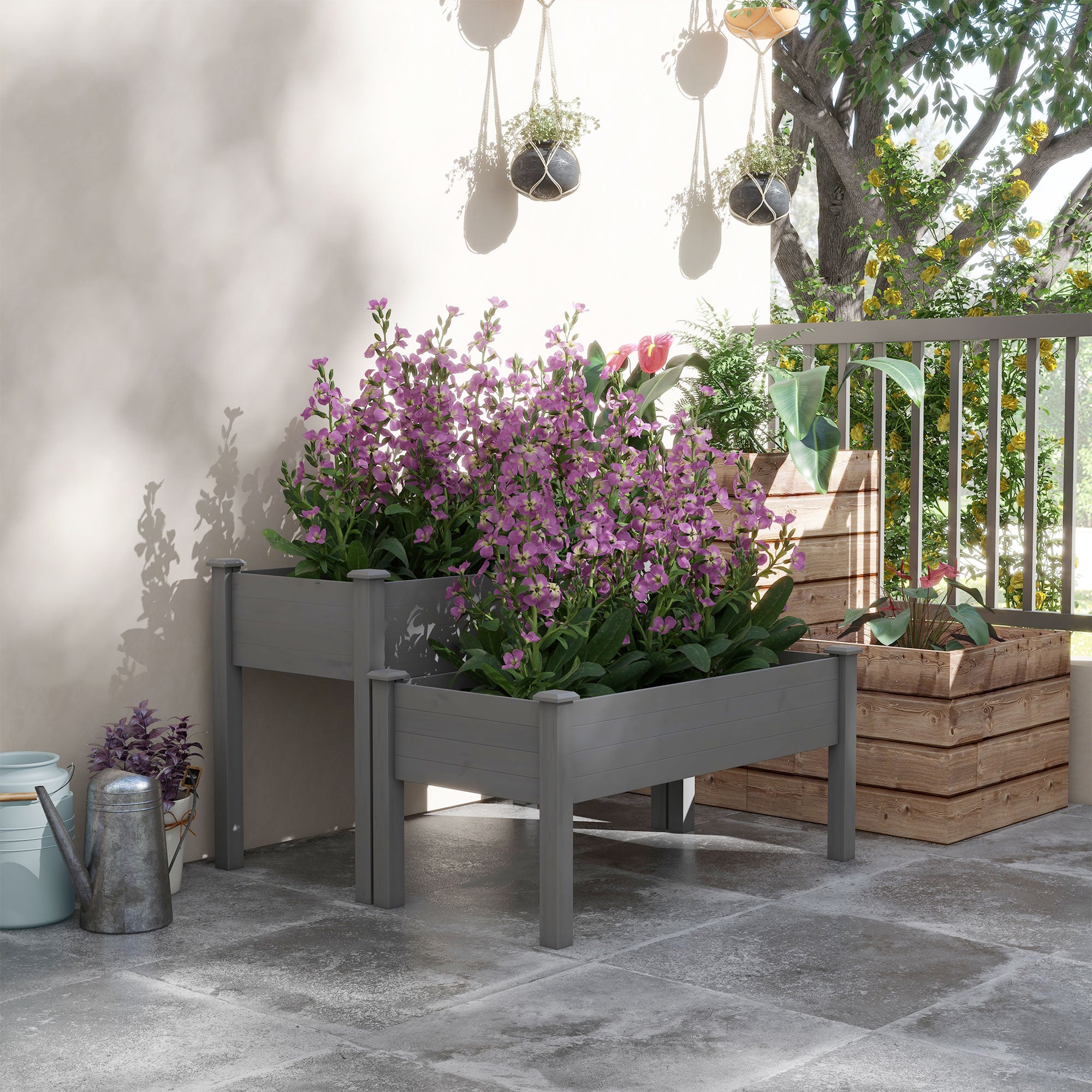 Outsunny 2 Tiers Raised Garden Bed, Wooden Elevated Planter Box with Legs Gardening Planting Bed with 2 Compartments for Flower Vegetable Herb Grow, Grey