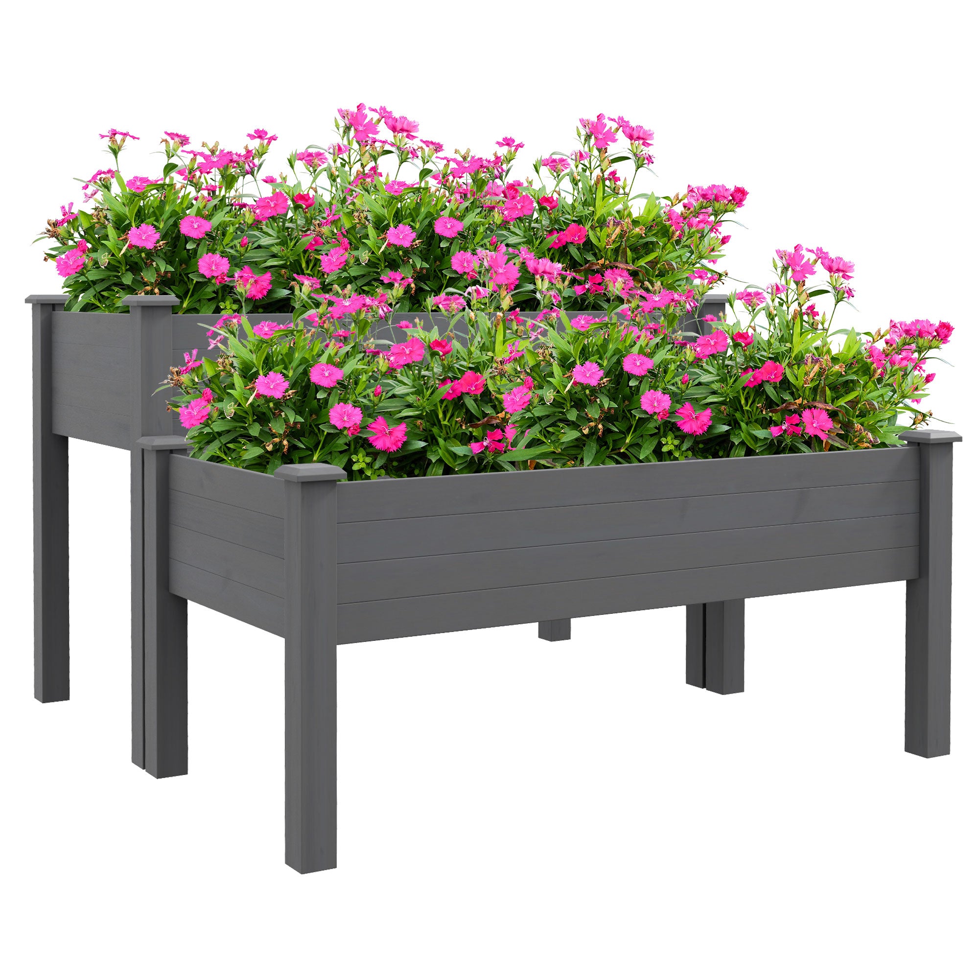 Outsunny 2 Tiers Raised Garden Bed, Wooden Elevated Planter Box with Legs Gardening Planting Bed with 2 Compartments for Flower Vegetable Herb Grow, Grey