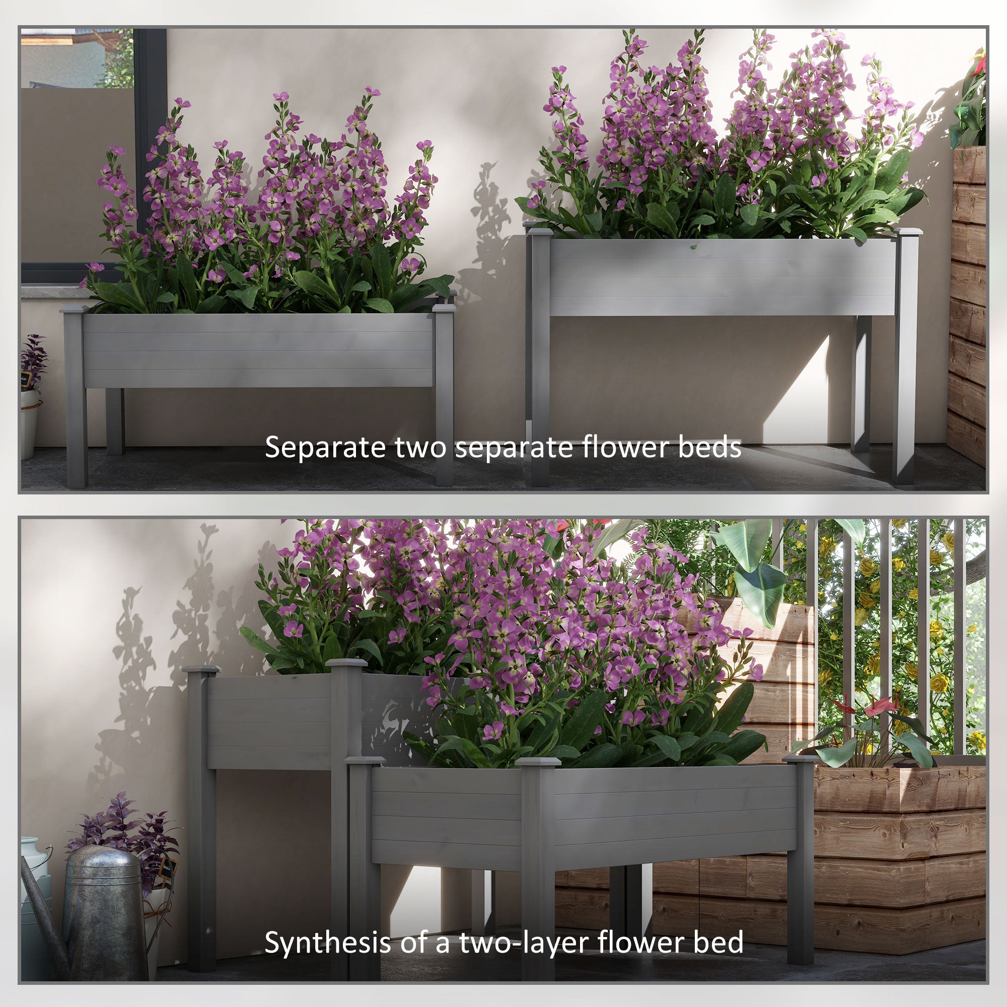 Outsunny 2 Tiers Raised Garden Bed, Wooden Elevated Planter Box with Legs Gardening Planting Bed with 2 Compartments for Flower Vegetable Herb Grow, Grey