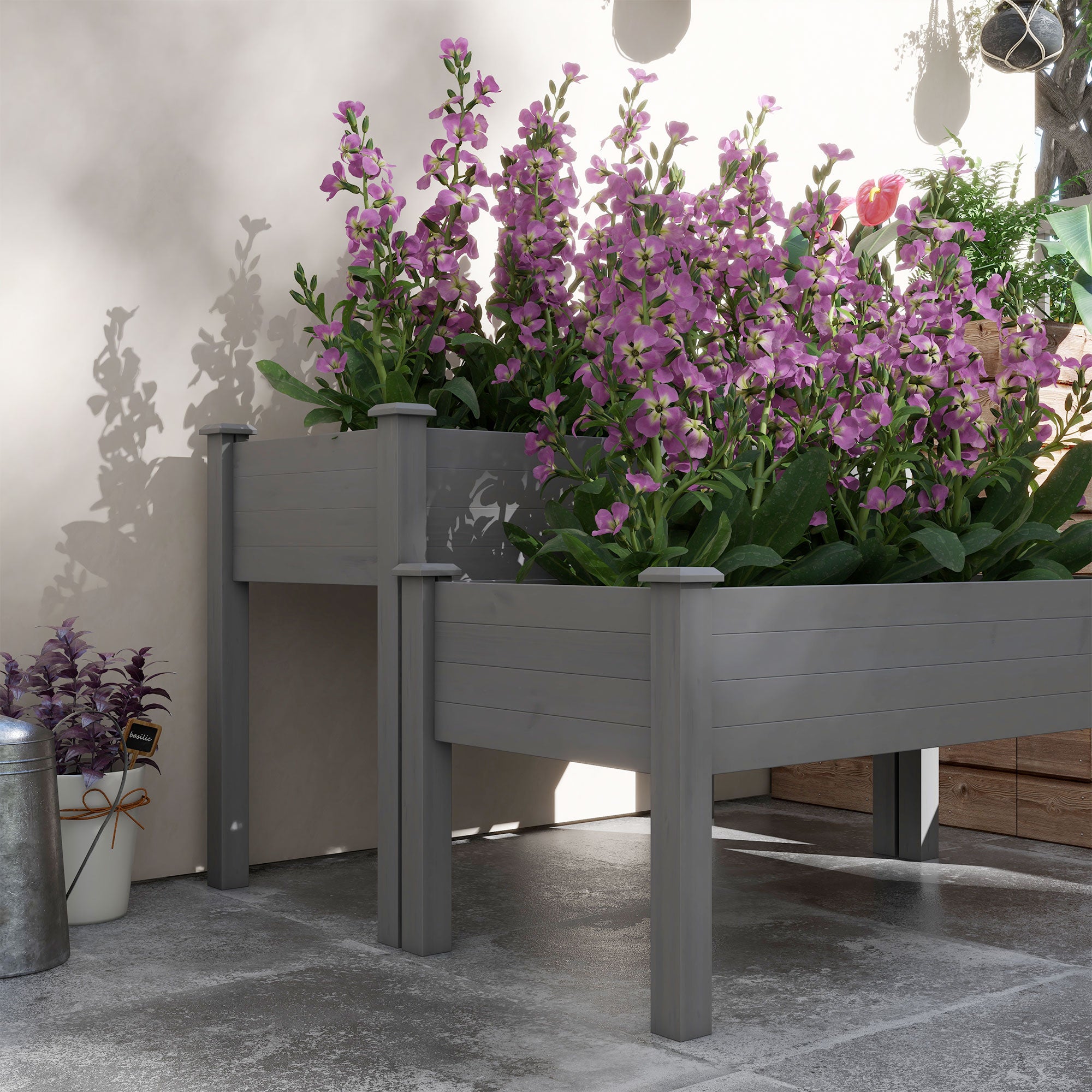 Outsunny 2 Tiers Raised Garden Bed, Wooden Elevated Planter Box with Legs Gardening Planting Bed with 2 Compartments for Flower Vegetable Herb Grow, Grey