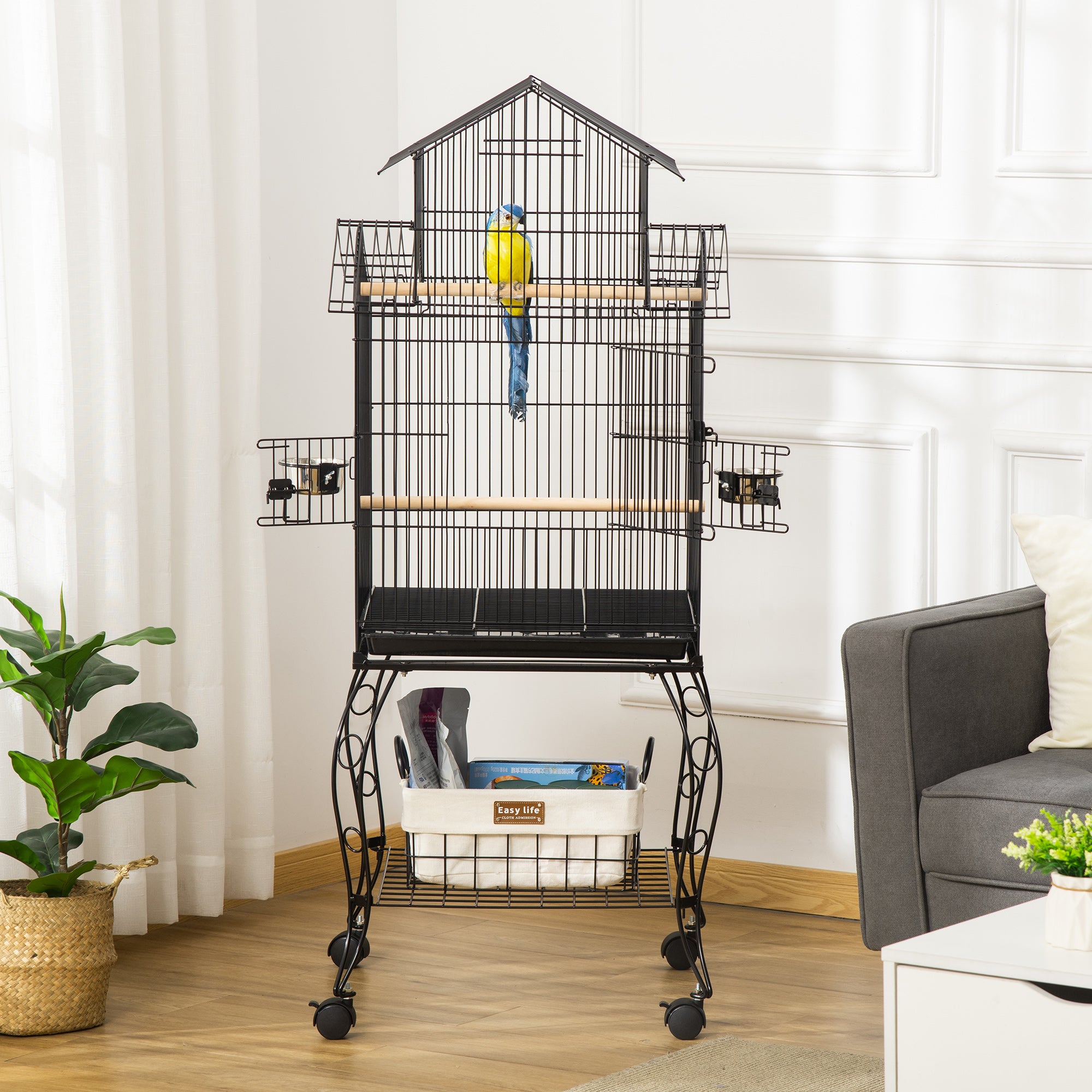 PawHut 53.9'' Large Rolling Steel Bird Cage Bird House with Detachable Rolling Stand, Storage Shelf, Wood Perch, Food Container, Black