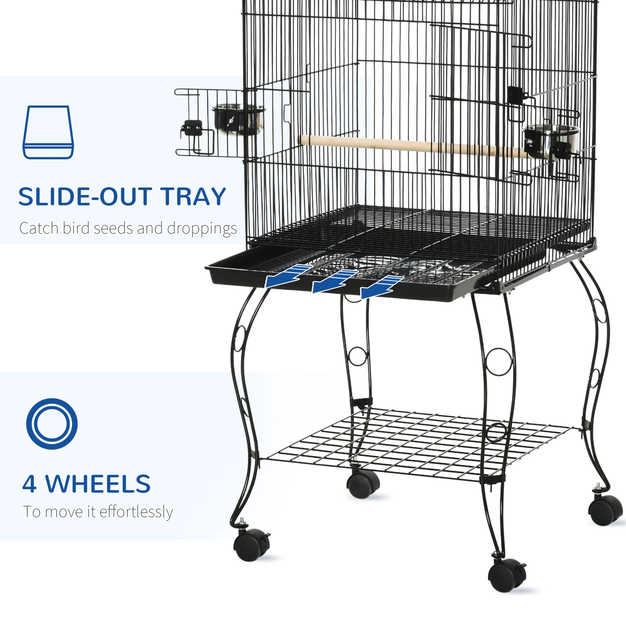 PawHut 53.9'' Large Rolling Steel Bird Cage Bird House with Detachable Rolling Stand, Storage Shelf, Wood Perch, Food Container, Black