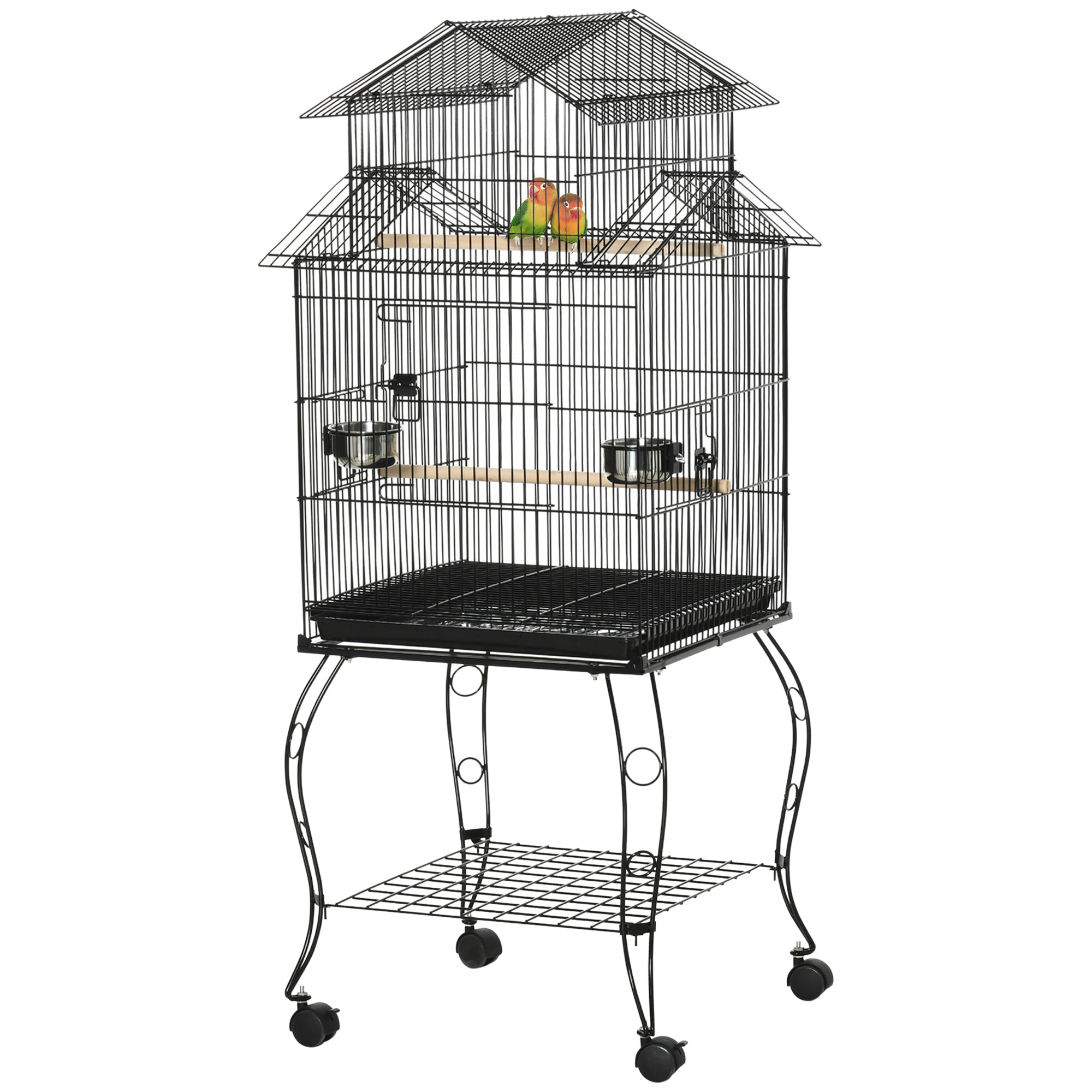 PawHut 53.9'' Large Rolling Steel Bird Cage Bird House with Detachable Rolling Stand, Storage Shelf, Wood Perch, Food Container, Black