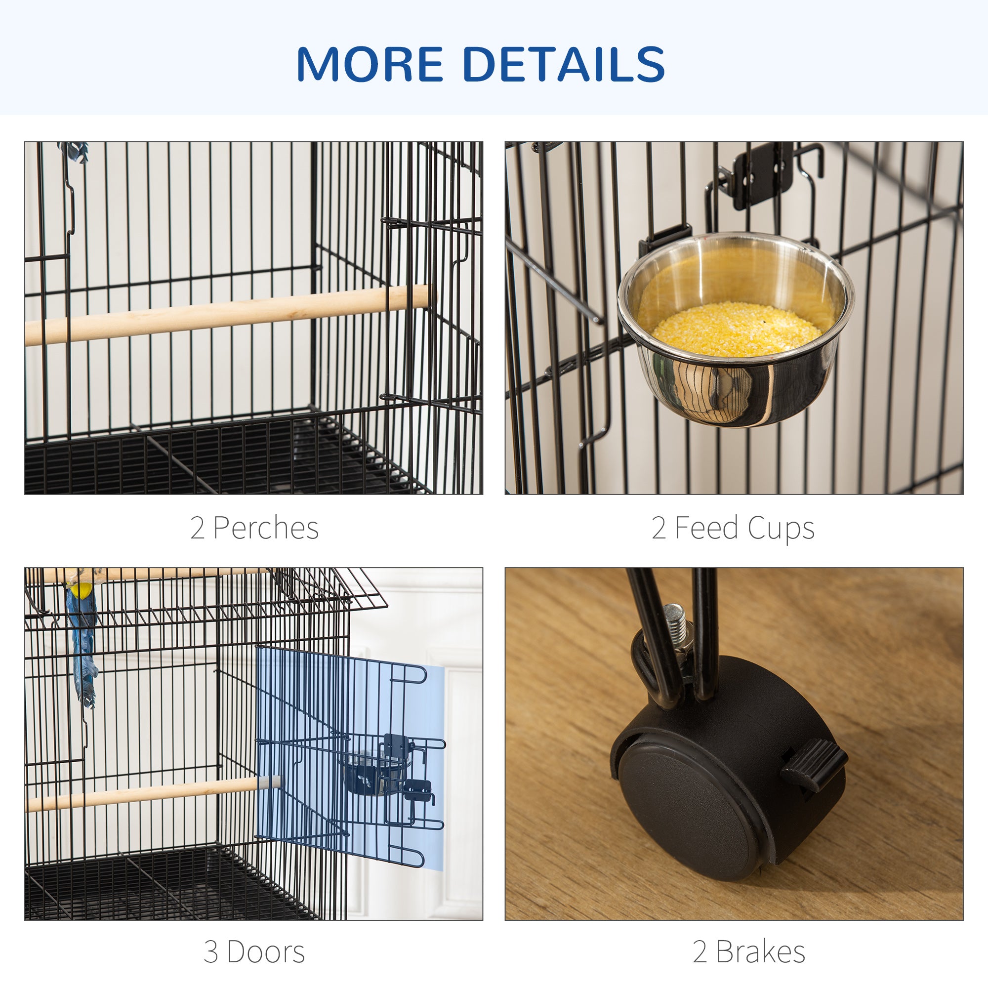 PawHut 53.9'' Large Rolling Steel Bird Cage Bird House with Detachable Rolling Stand, Storage Shelf, Wood Perch, Food Container, Black