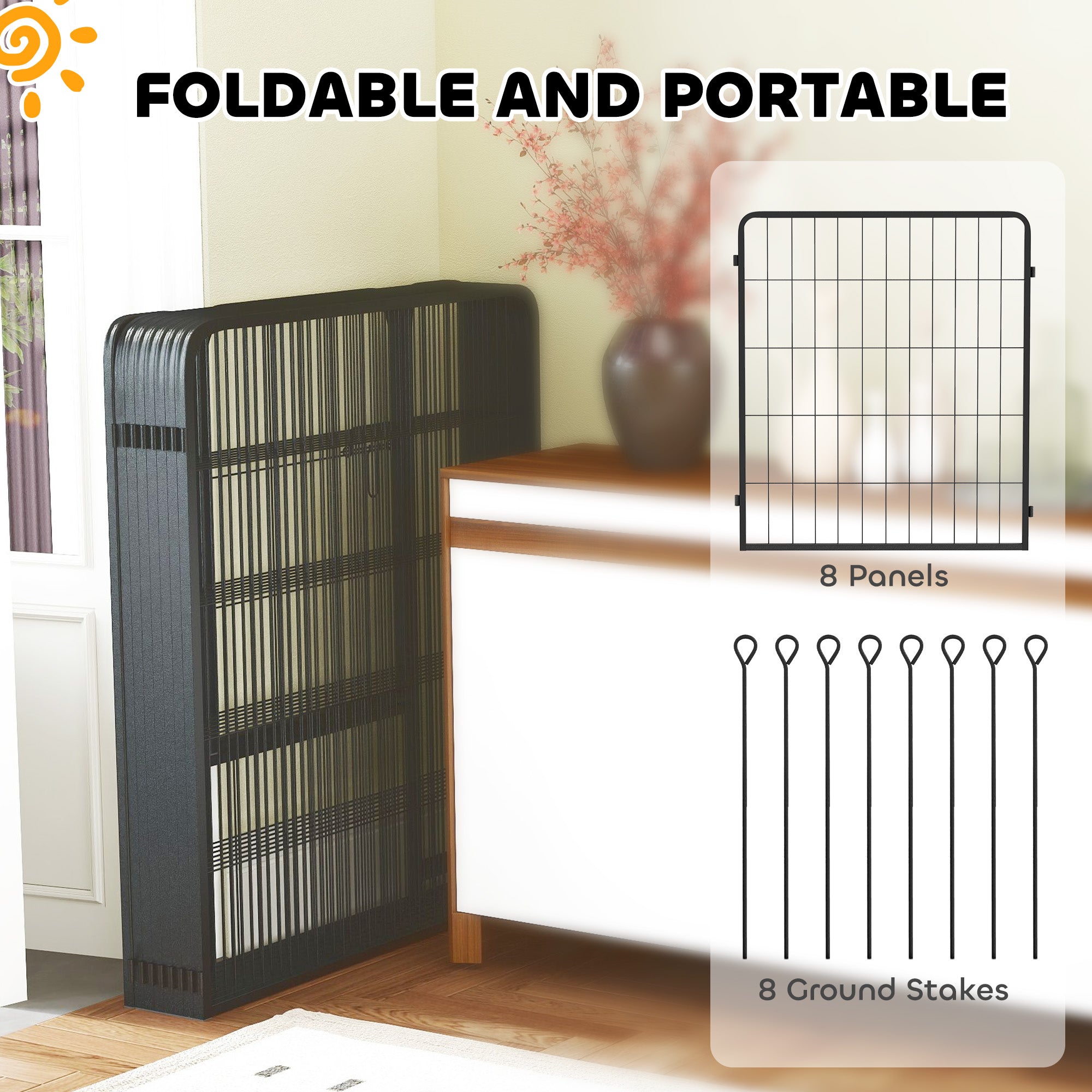 PawHut Dog Pen, 8 Panels Puppy Pen, Heavy Duty Dog Playpen, Portable Detachable Dog Exercise Pen Animal Enclosure for Medium Dogs, 80cm High, Black
