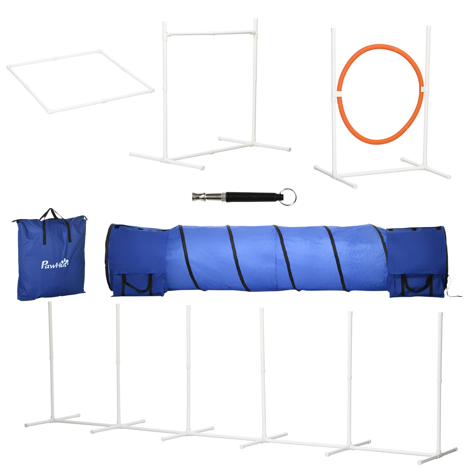 PawHut 5PCs Portable Dog Agility Training Equipment, Pet Agility Training Set with Adjustable Height Jump Ring, Jumper, Weave Poles, Square Pause Box, Carrying Bag, Whistle