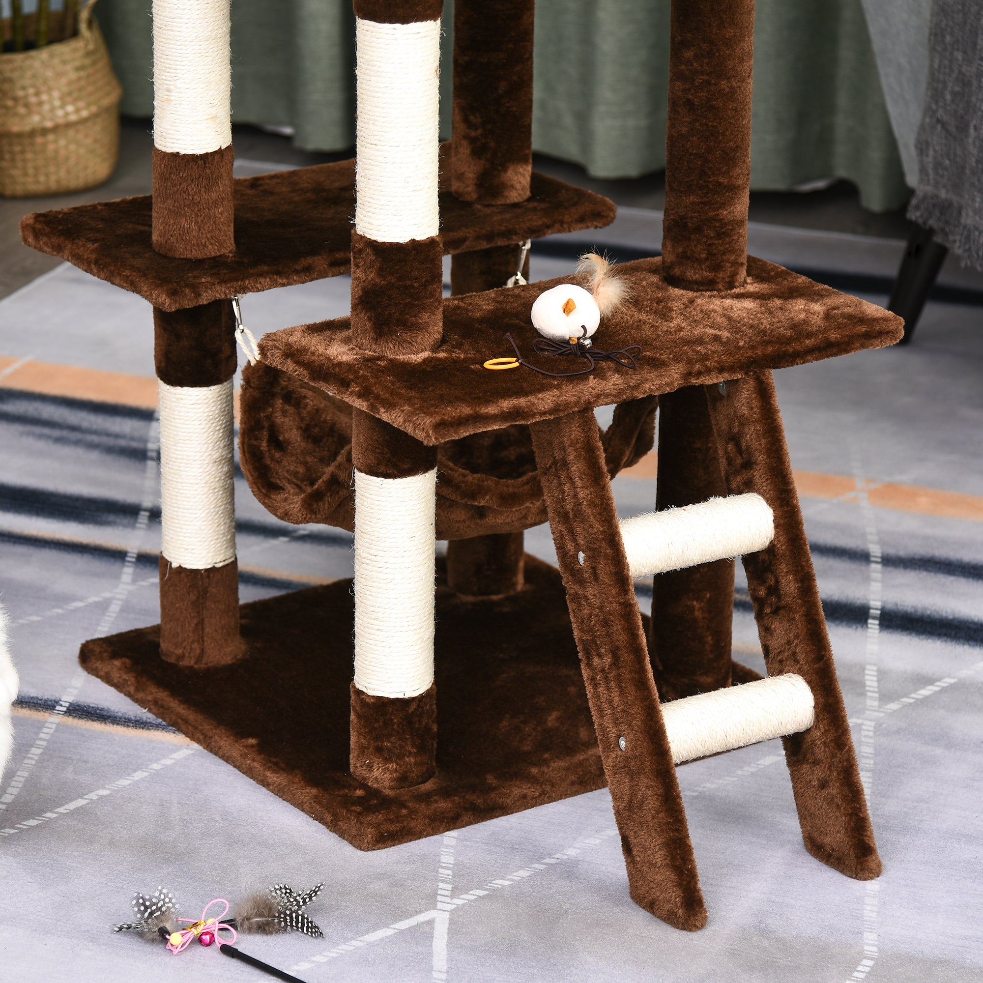 PawHut 155cm Plush Cat Tree for Indoor Cats Activity Center Sisal Scratching Post Basket Hammock Perch Condo Brown