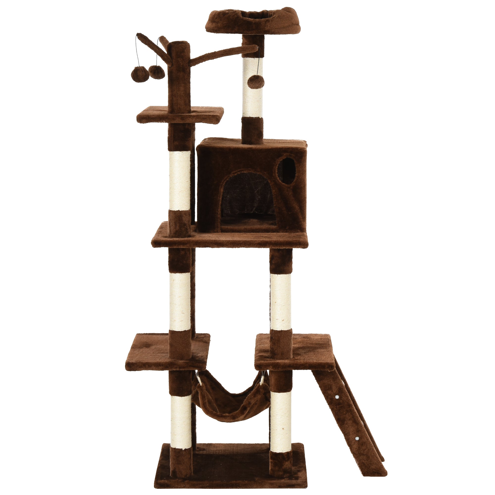 PawHut 155cm Plush Cat Tree for Indoor Cats Activity Center Sisal Scratching Post Basket Hammock Perch Condo Brown