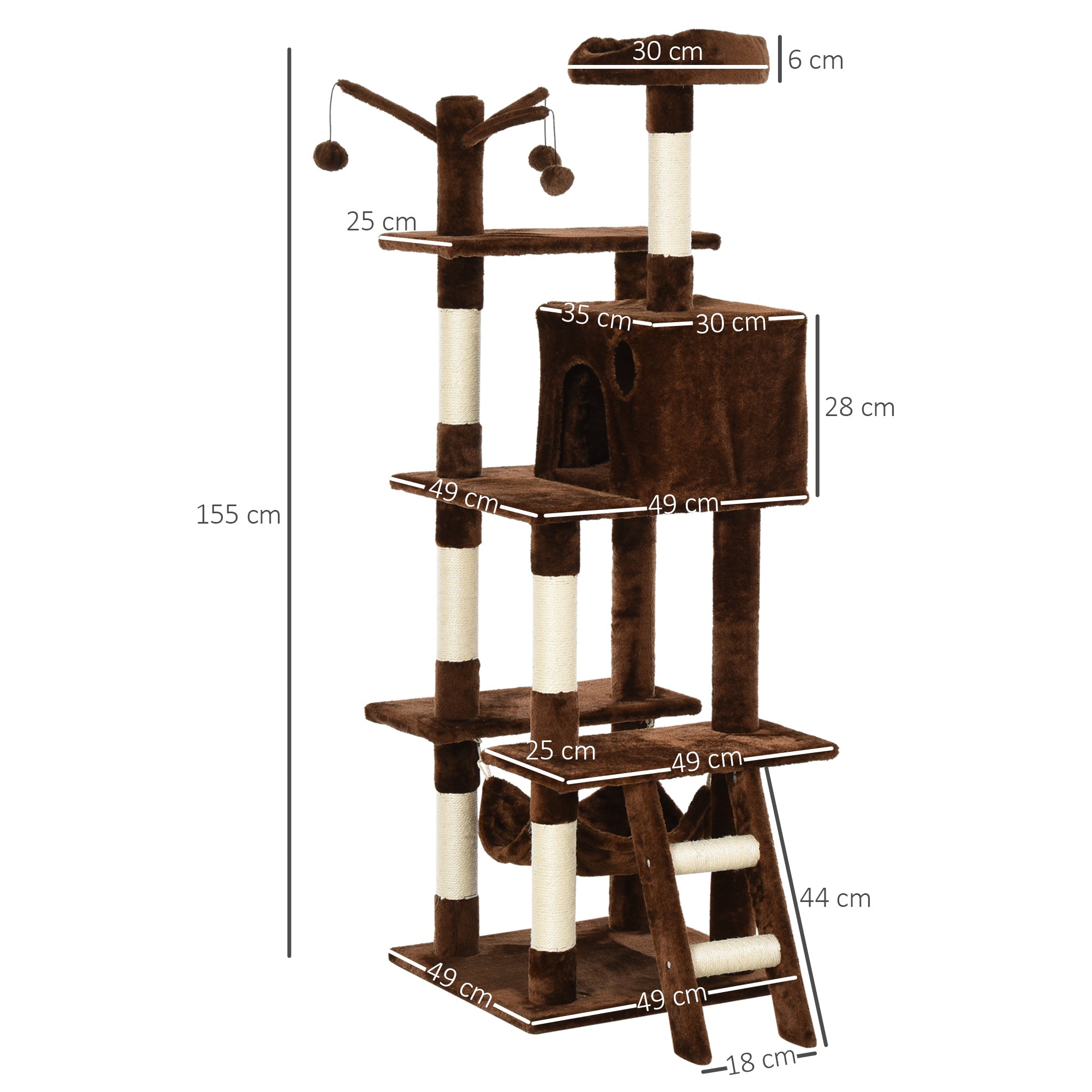 PawHut 155cm Plush Cat Tree for Indoor Cats Activity Center Sisal Scratching Post Basket Hammock Perch Condo Brown