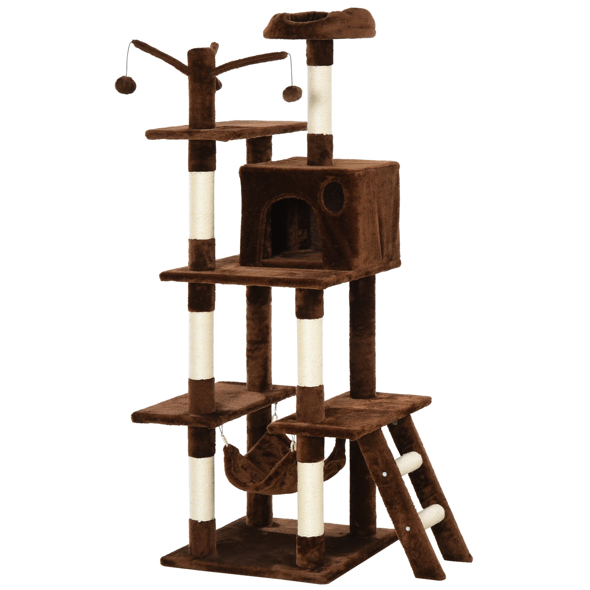 PawHut 155cm Plush Cat Tree for Indoor Cats Activity Center Sisal Scratching Post Basket Hammock Perch Condo Brown