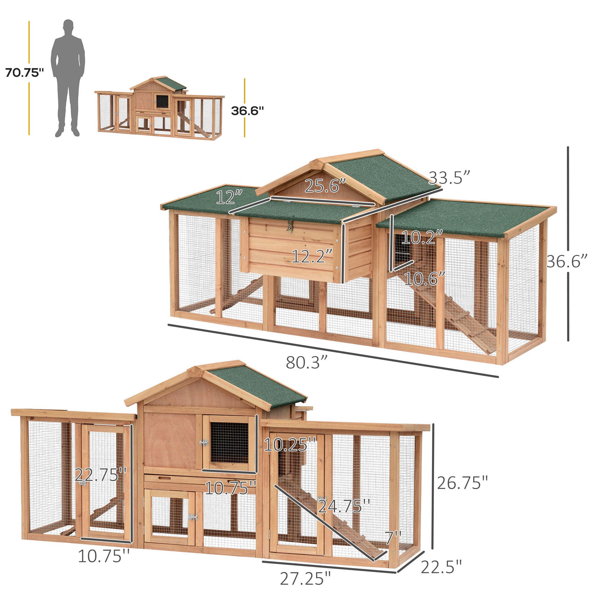 PawHut 80" Chicken Coop, Wooden Hen House Large Rabbit Hutch Poultry Cage Pen with Nesting Box, Run, Ramp, Drawer, for Outdoor Backyard Garden