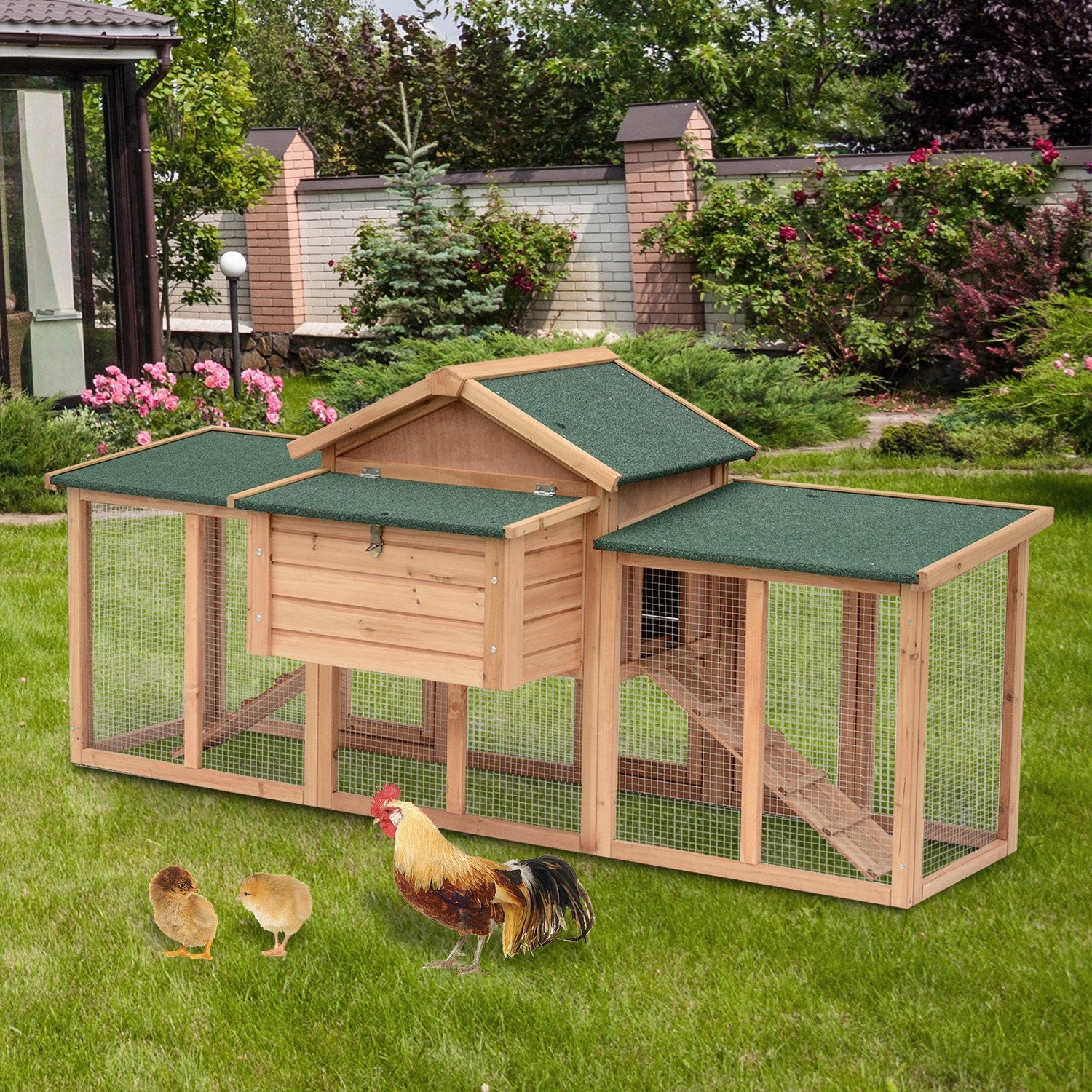 PawHut 80" Chicken Coop, Wooden Hen House Large Rabbit Hutch Poultry Cage Pen with Nesting Box, Run, Ramp, Drawer, for Outdoor Backyard Garden