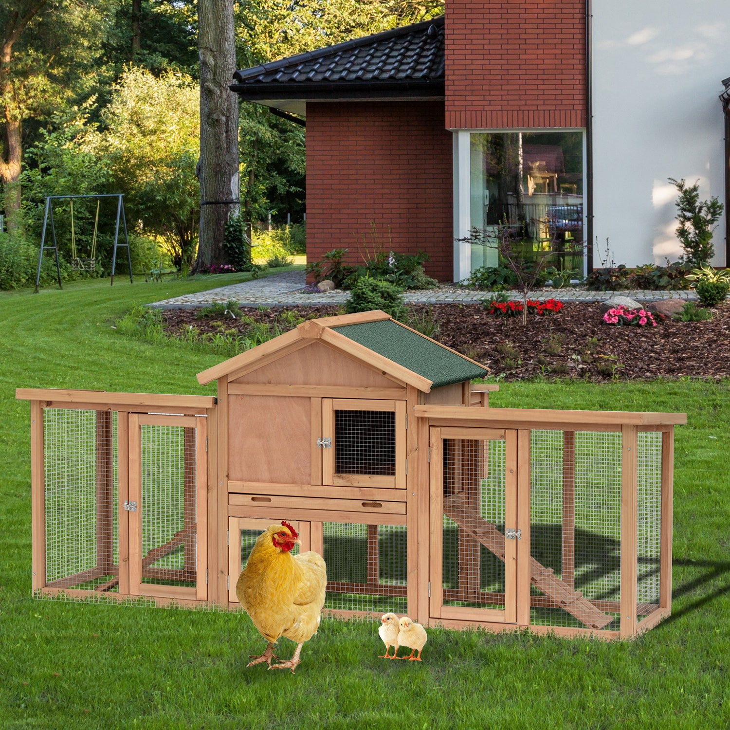PawHut 80" Chicken Coop, Wooden Hen House Large Rabbit Hutch Poultry Cage Pen with Nesting Box, Run, Ramp, Drawer, for Outdoor Backyard Garden