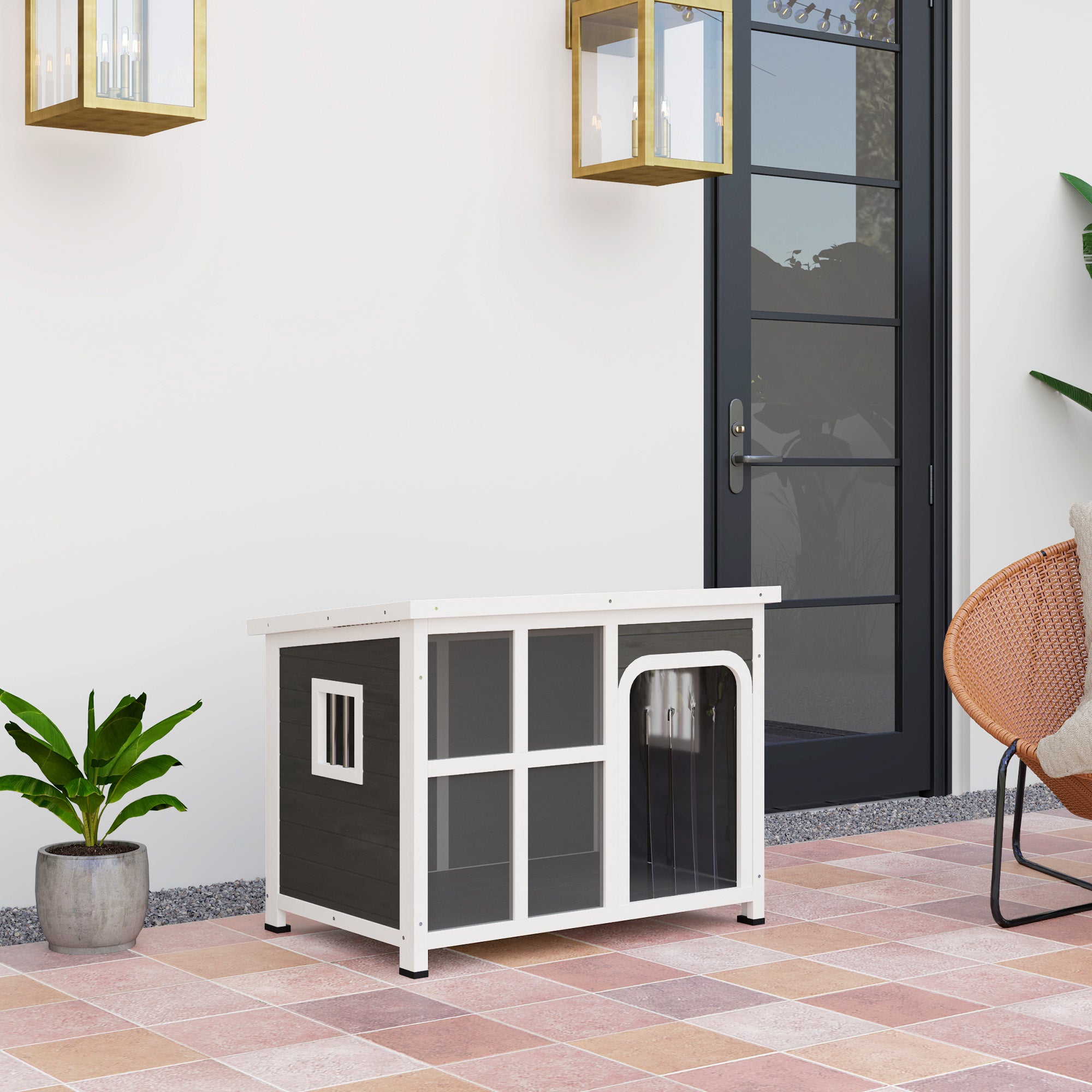 PawHut Dog Kennel Outdoor, Wooden Dog House with Asphalt Openable Top, Removable Floor, Clear Front Panel, Curtain, Windows, Dog Shelter for Small Medium Dogs, 90 x 62 x 71cm, Light Grey