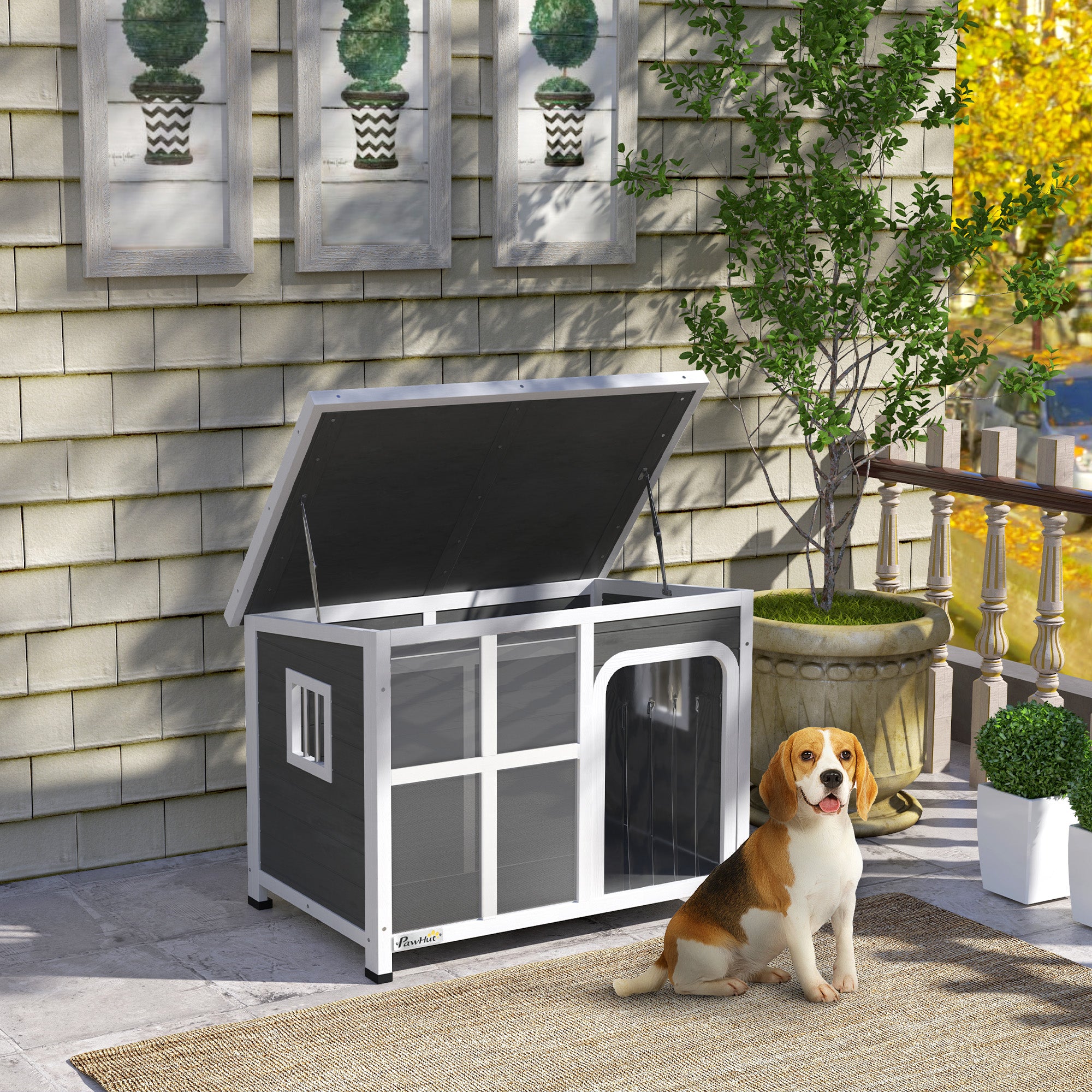 PawHut Dog Kennel Outdoor, Wooden Dog House with Asphalt Openable Top, Removable Floor, Clear Front Panel, Curtain, Windows, Dog Shelter for Small Medium Dogs, 90 x 62 x 71cm, Light Grey