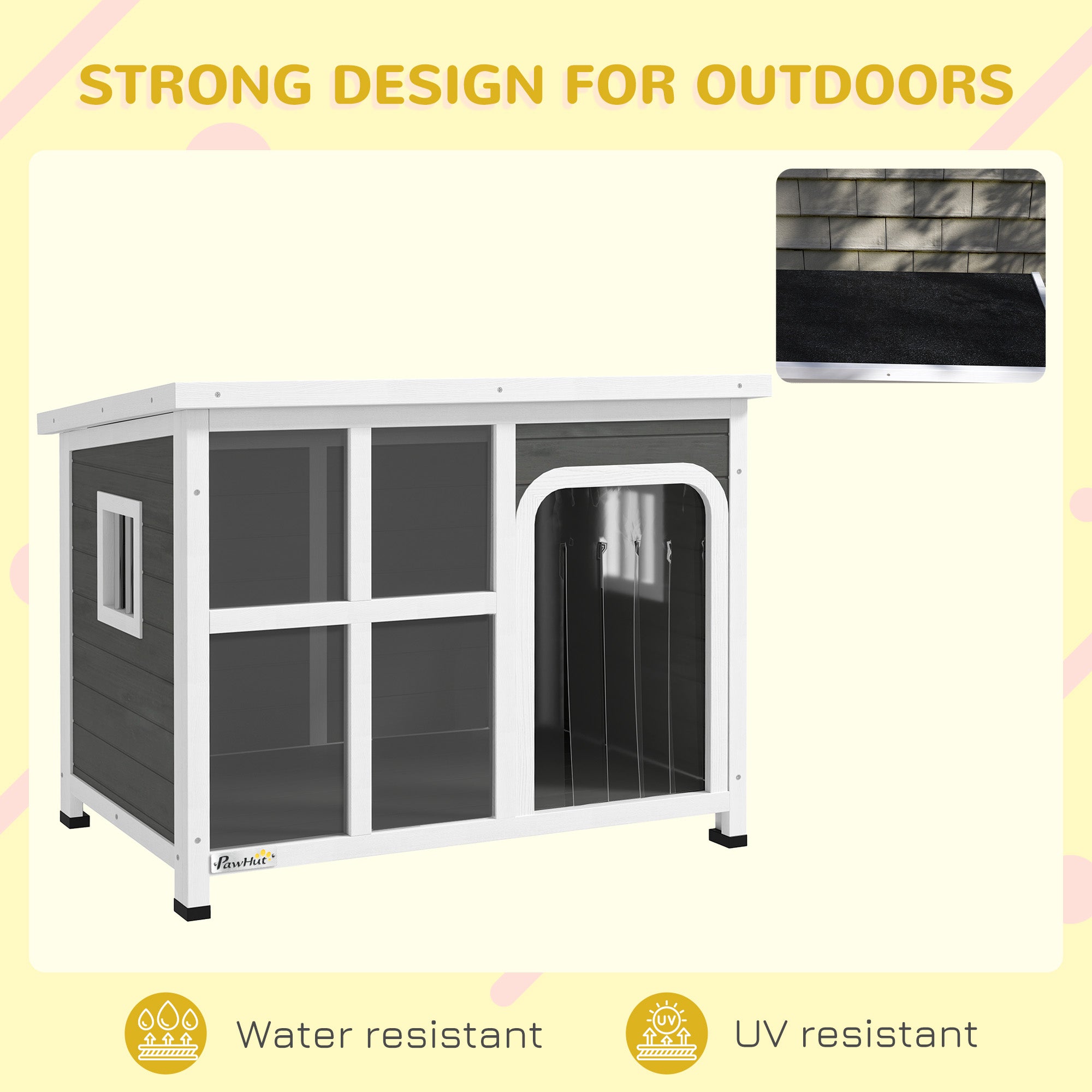 PawHut Dog Kennel Outdoor, Wooden Dog House with Asphalt Openable Top, Removable Floor, Clear Front Panel, Curtain, Windows, Dog Shelter for Small Medium Dogs, 90 x 62 x 71cm, Light Grey