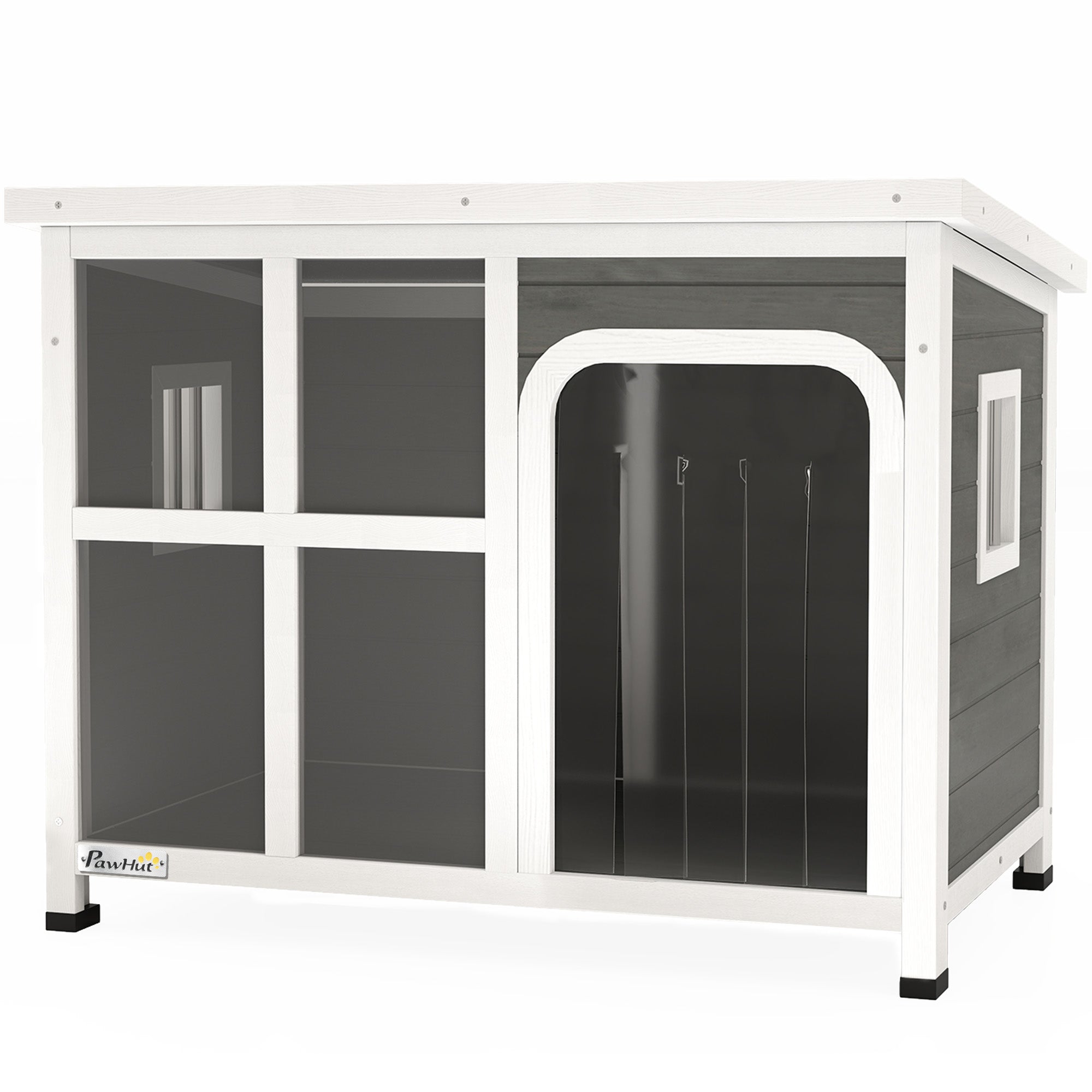 PawHut Dog Kennel Outdoor, Wooden Dog House with Asphalt Openable Top, Removable Floor, Clear Front Panel, Curtain, Windows, Dog Shelter for Small Medium Dogs, 90 x 62 x 71cm, Light Grey